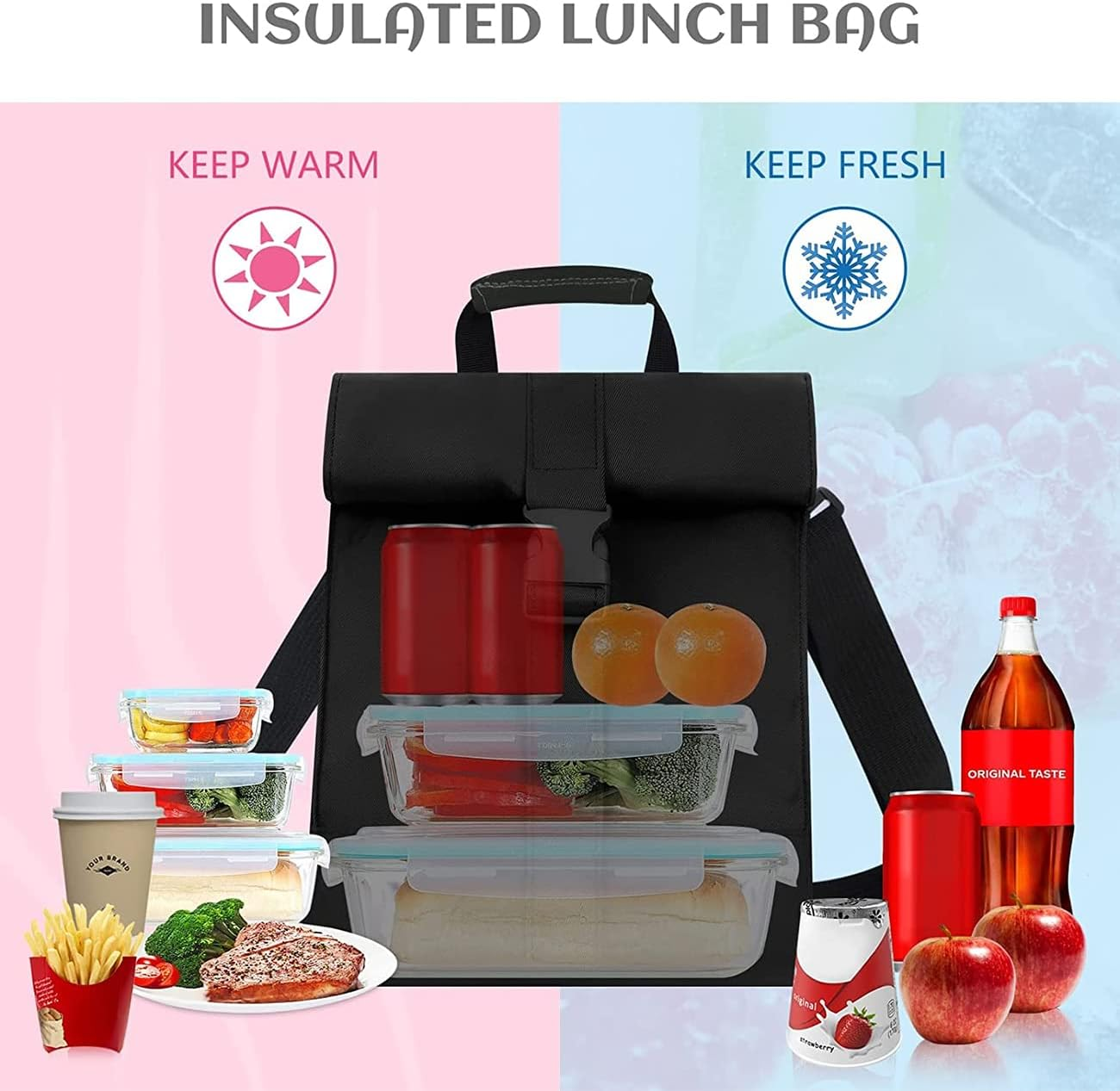 Insulated Lunch Bag for Men & Women Leakproof Cooler Lunch Tote Bag Freezable，Reusable Roll Top Lunch Box for Office Work School Picnic Beach Lunch Outdoor Picnics（Black） image number 3
