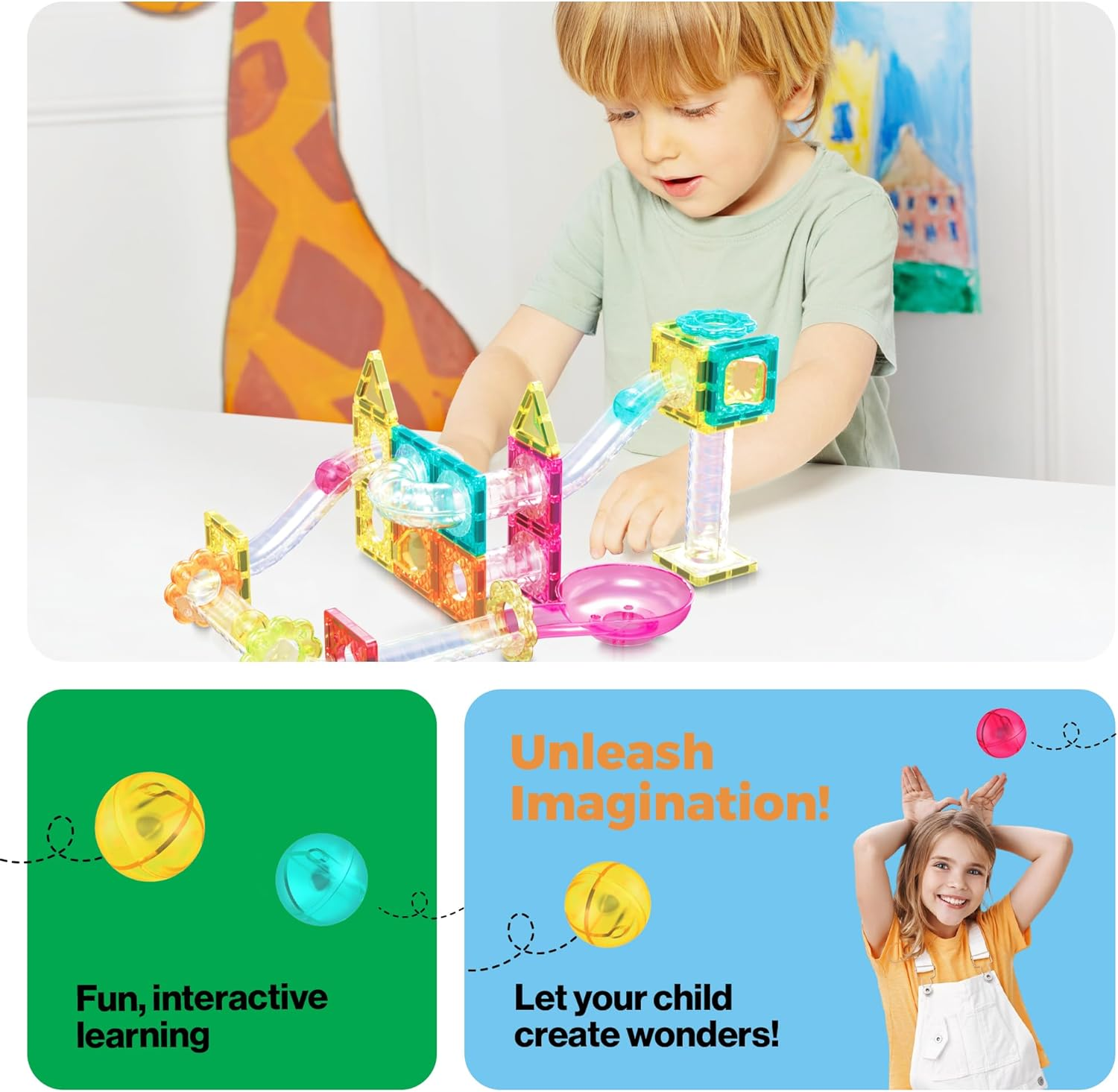 Picassotiles Magnet Tiles Building Block Travel Size Magnetic Marble Run Construction Toy Set Mini Diamond Marble Racetrack 45 Pc Building Blocks Playset Education STEM Learning Kit Boy Girl 3+ PTMG45 image number 1