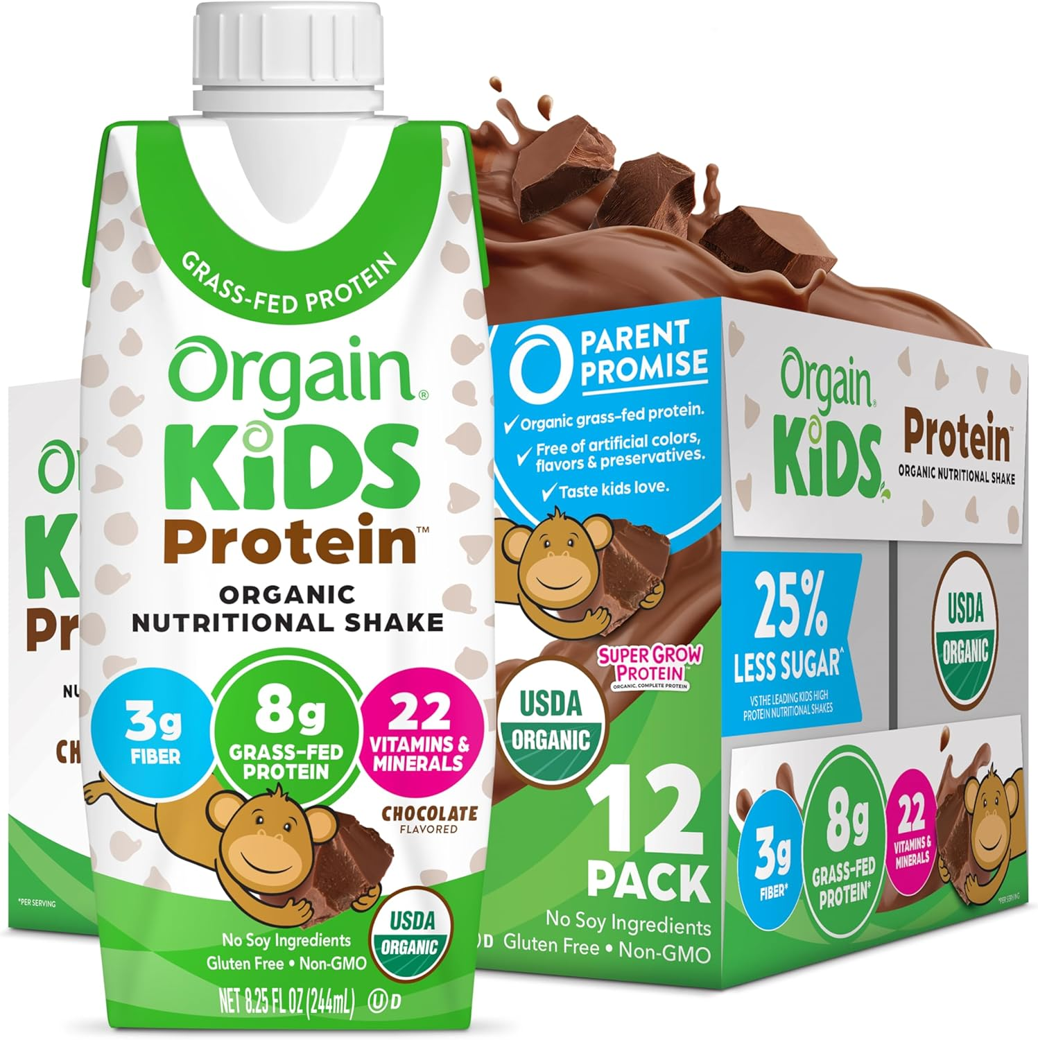 Orgain Organic Kids Nutritional Protein Shake, Chocolate, Healthy Kids Snacks, 8G Dairy Protein, 3G Fiber, 22 Vitamins & Minerals, No Soy Ingredients, Gluten Free, Non-Gmo, 8.25 Fl Oz (Pack of 12)
