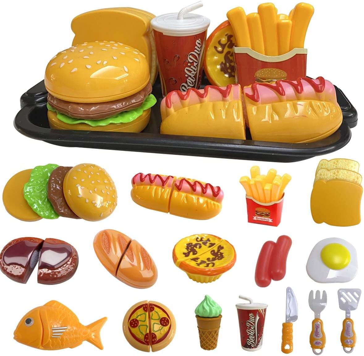 Play Food Toy Set for Kids Kitchen, Pretend Removable Fast Food Playset Cutting Toy with Hamburger ＆ French Fries Combo, Role Play Educational Kitchen Toy for Boys or Girls image number 5