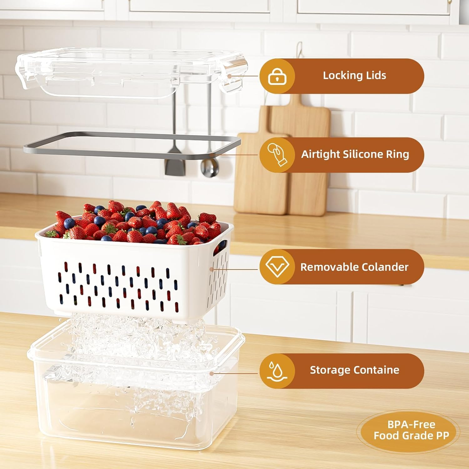 Fruit Storage Containers, 4 PCS Vegetable Container for Fridge with Removable Colanders, Freezer-Sealed Drained Fruit Containers for Fridge, Keep Fruit Fresh and Dishwasher Safe, Food-Grade image number 3