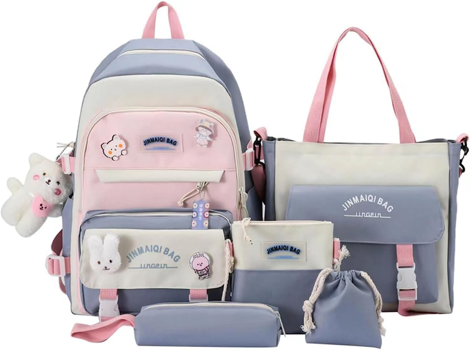 5 Pcs Cute Aesthetic Backpack Set with Pins and Pendant Kawaii Japanese Backpack College Laptop Bookbag Preppy Backpack