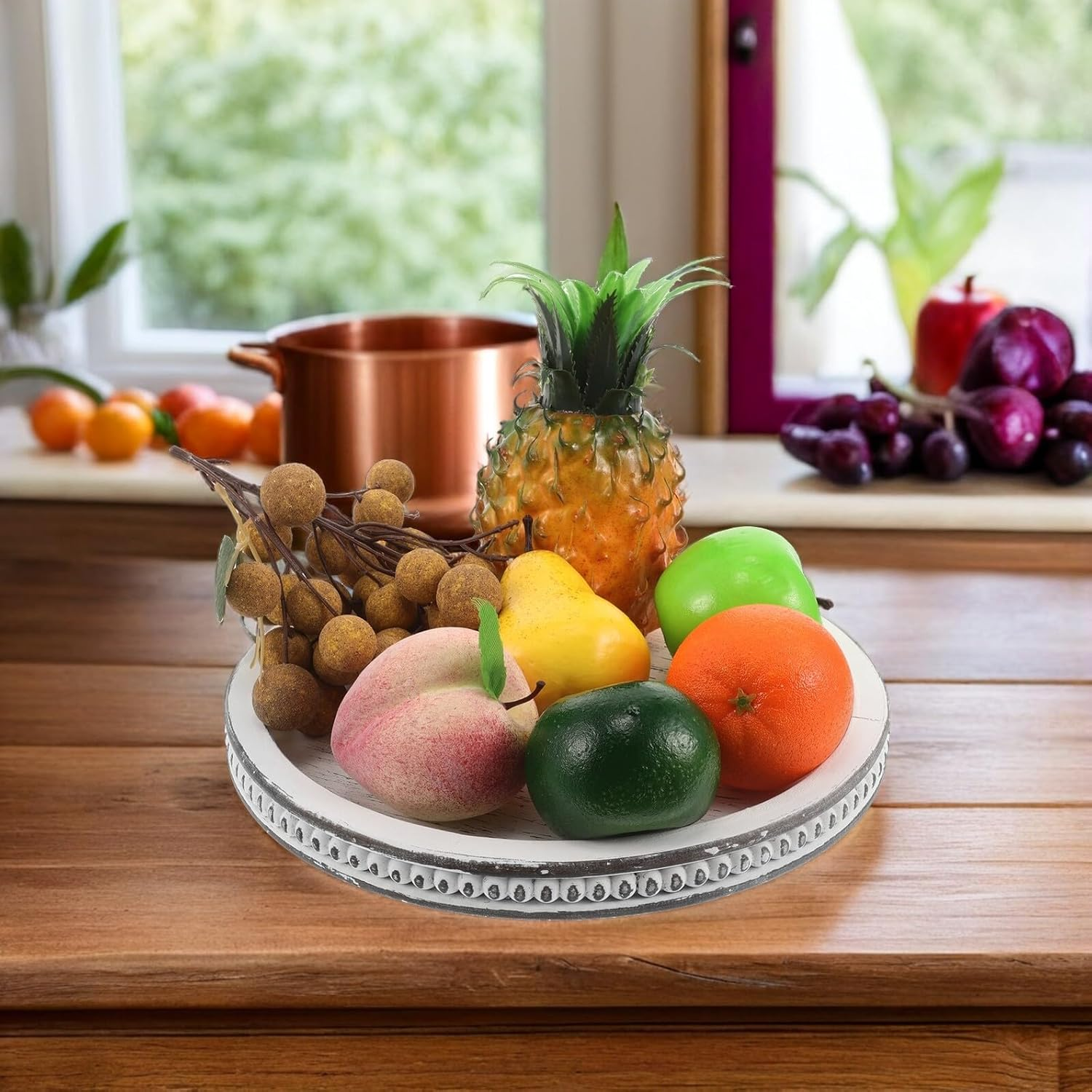 Vintage Farmhouse round Serving Tray Beige Table Tray for Jewelry Display and Candle Stand Elegant Decorative Organizer for Home Kitchen Dining Tabletop Decor image number 2