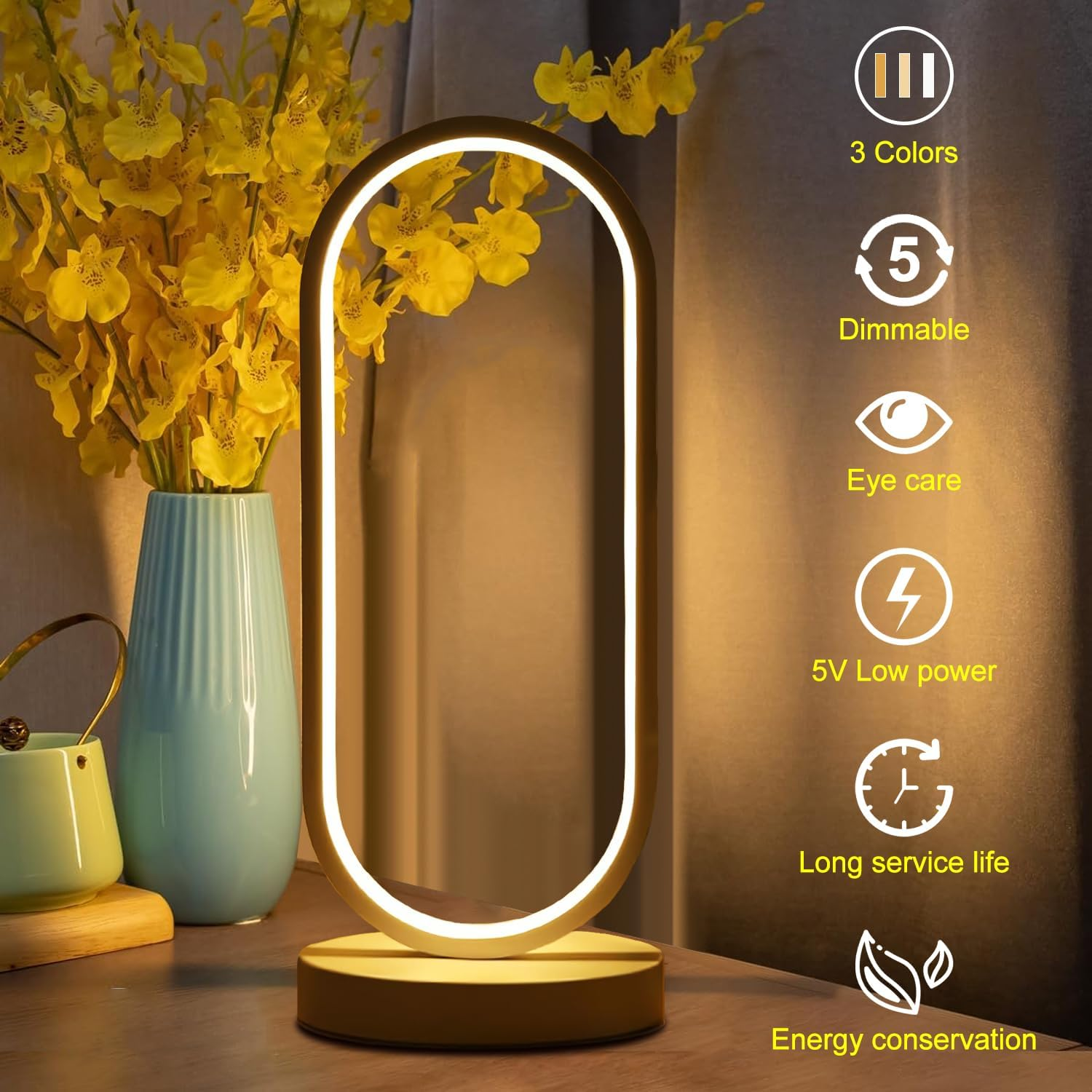 Modern Bedside Table Lamp, Led Oval Nightstand Light, Rechargeable Dimmable Nightstand Lamp, 3 Color Temperatures and 10 Brightness Levels Desk Lamp for Living Room, Bedroom Home Decoration image number 5