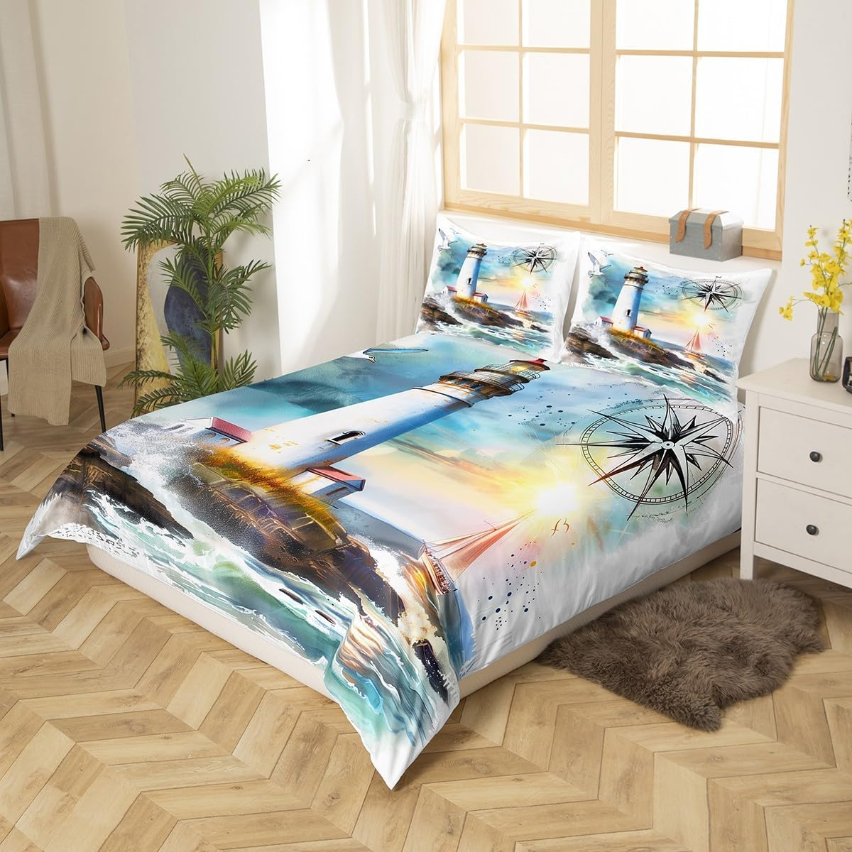 Homewish Bedding Set 155 X 220 Cm, Lighthouse Retro Sailing Boat Duvet Cover Compass Watercolour Comforter Cover Beach Ocean Adventure Theme Bed Set for Children Boys Teens Adult Bedroom Decor