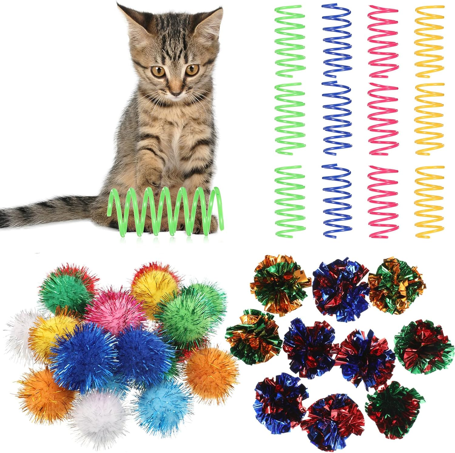 102 Pcs Cat Toys Balls Set 80 Assorted Color Cat Glitter Pom Pom Balls,10 Pcs 2.2 Inch Crinkle Ball Cat Toy Balls 12 Helical Spring Toys Pet Cat Toy Furry Interactive Toy Balls Christmas Party Balls image number 3