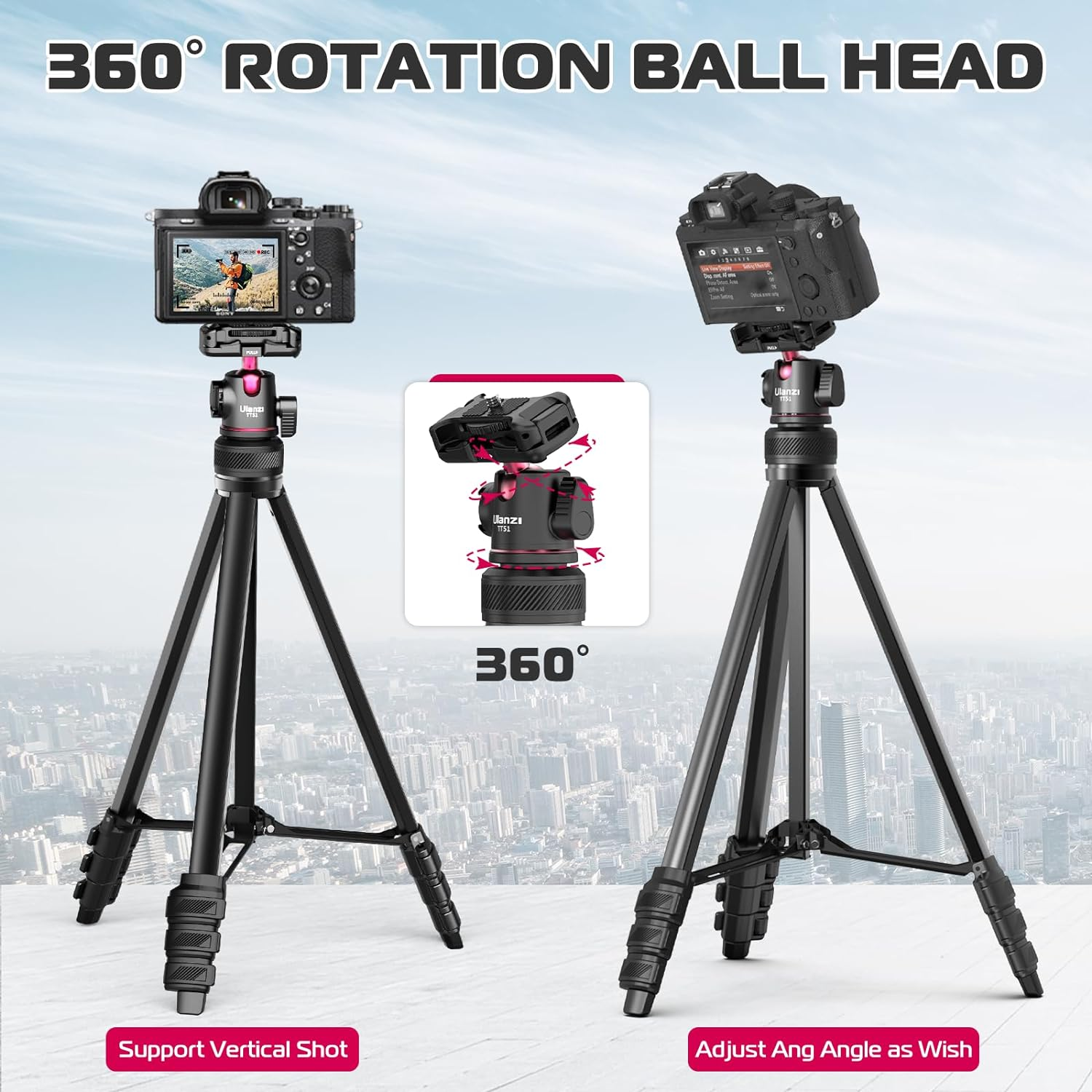 2 in 1 Camera Phone Video Tripod - ULANZI TT51 Portable Tripod Stand I 360&deg; Rotable Ball Head I Hidden Cold Shoe Phone Holder I 600G Lightweigt I 1.38M/51In Long I 5 Section Extenable Vlog Tripod image number 6