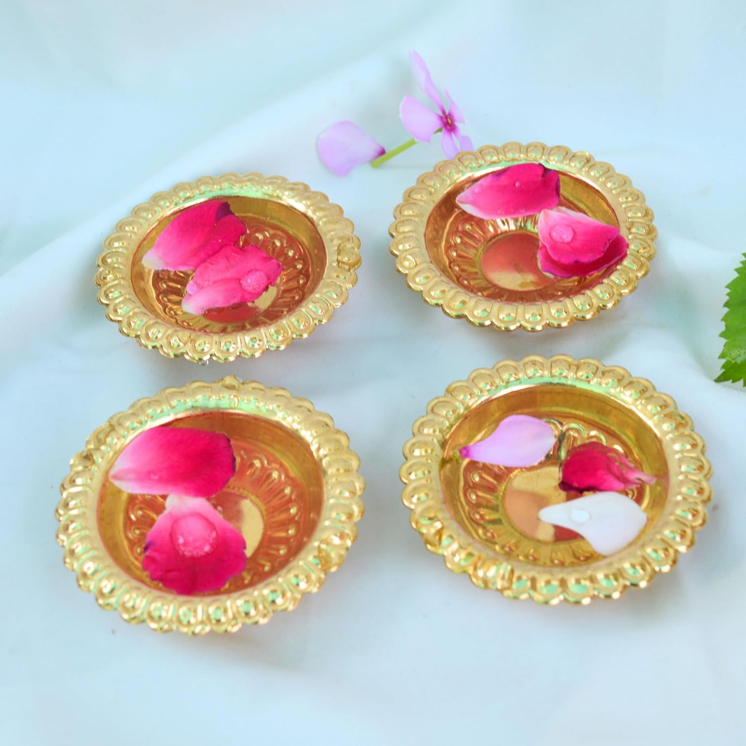 Handmade Gold Engraved Diya Traditional Indian Oil Lamp, Brass Diya for Pooja and Other Religious Rituals - Deepawali /Home Decor/Office and Temple/ Festive Gift (Pack of 4) image number 2