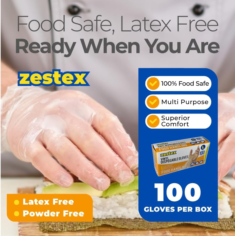 Food Handling, Latex-Free & Powder-Free, Food Safe Multi Purpose Disposable Glove, Clear, Large, Case/100