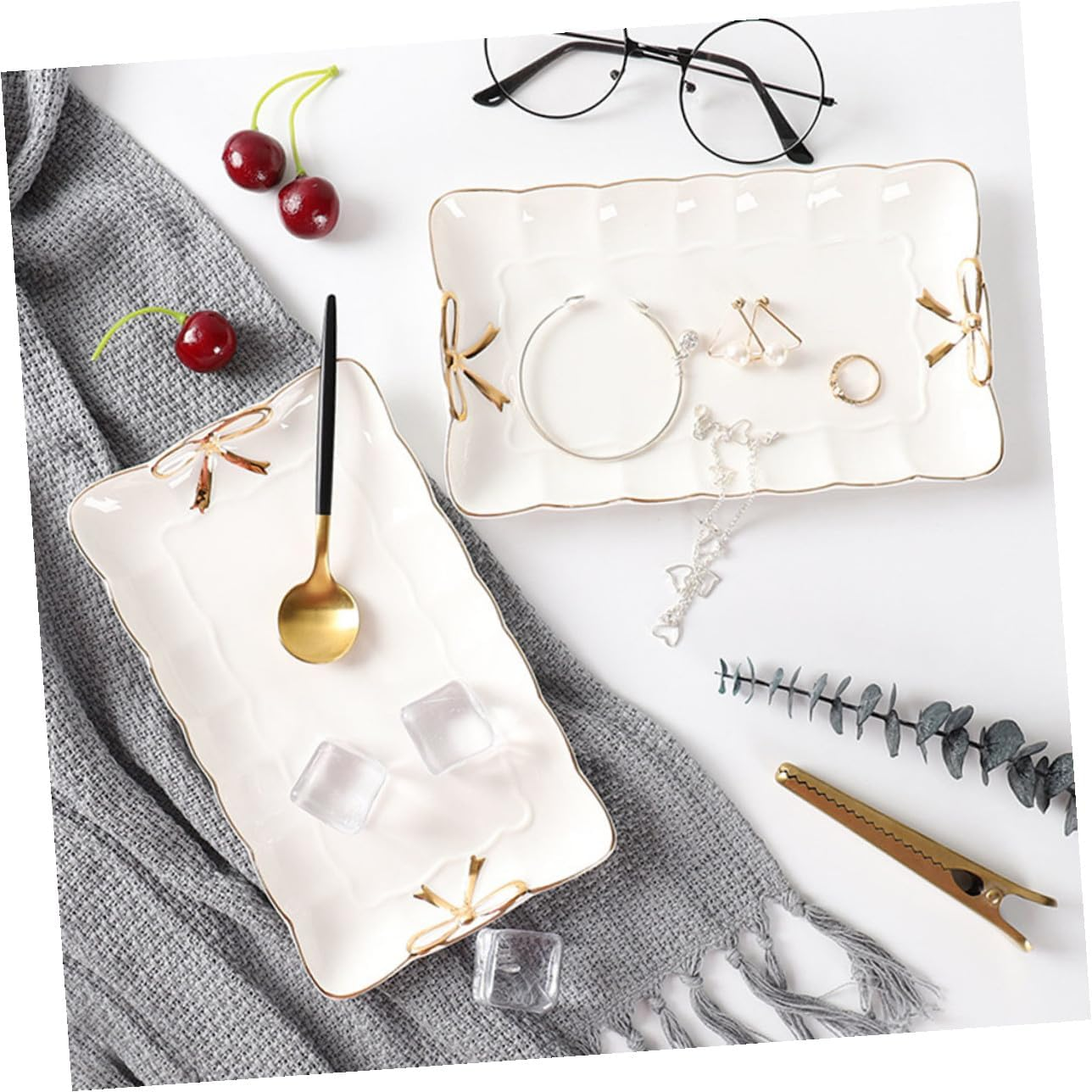 FRCOLOR Elegant Ceramic Jewelry Tray with Lace Edge Multi-Purpose Dessert Serving Dish and Appetizer Plate for Coffee Table Vanity Dining Kitchen and Home White Decorative Platter image number 5