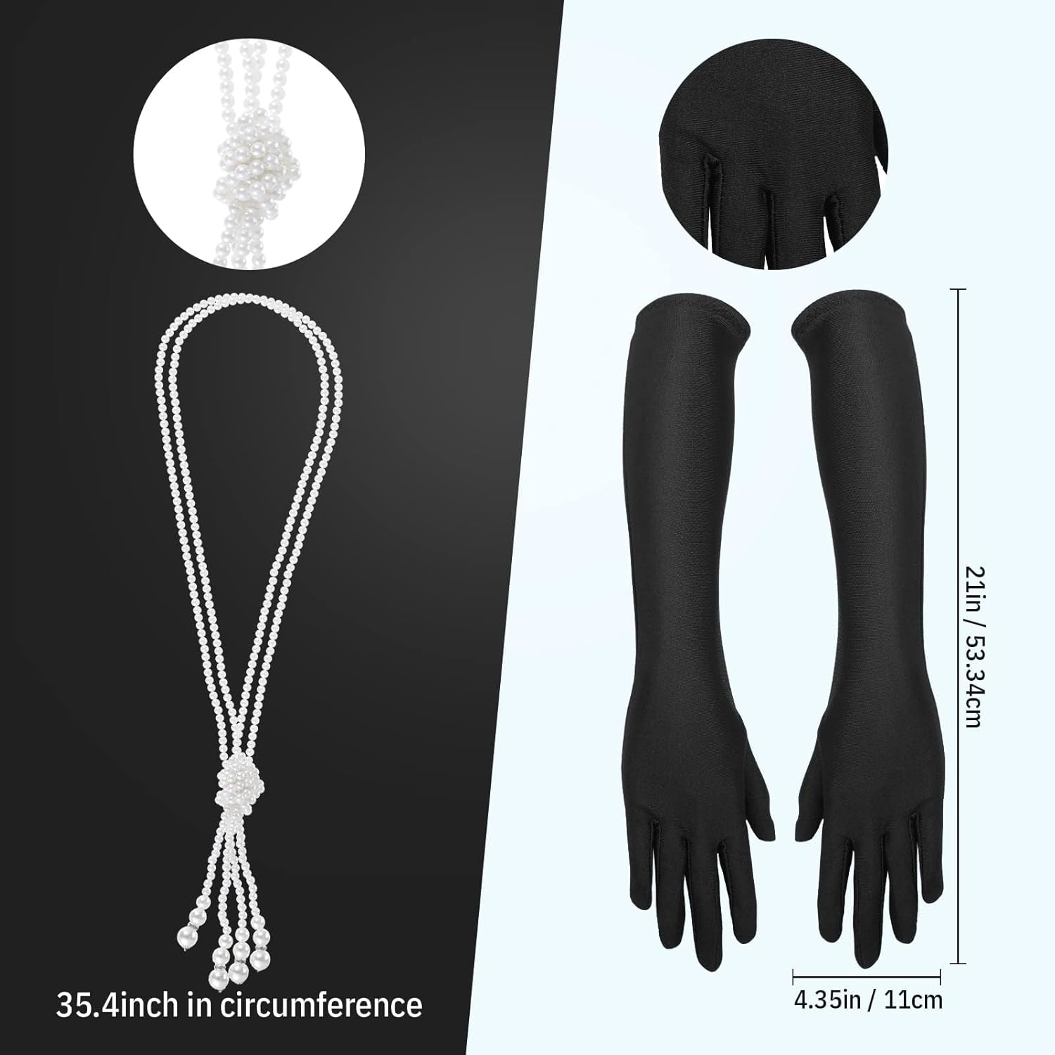 WOTOW 20S Accessories for Women - Roaring 20S Costumes Great Gatsby Accessories with Feather Headband Pearl Necklace Elegant Gloves Vintage Earrings Black Feather Fan for Party, 6PCS image number 2