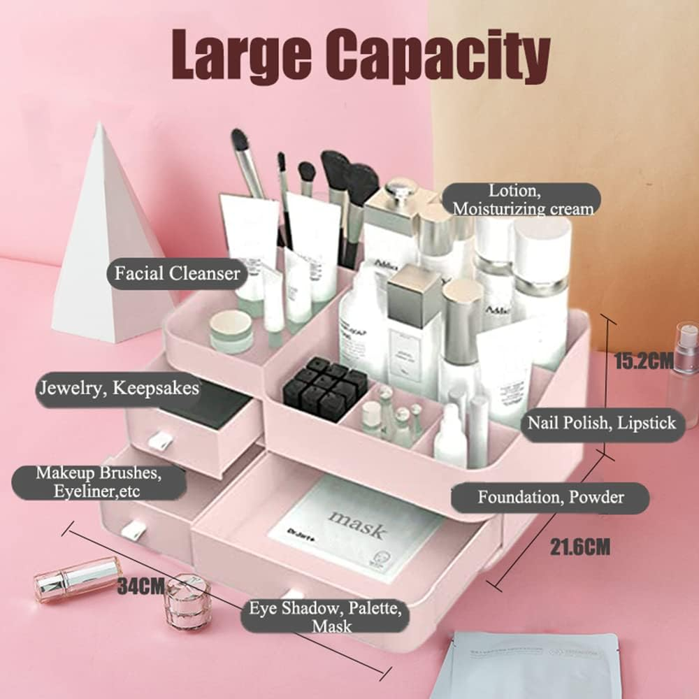 FOREVERIE Makeup Organisers Drawers, Plastic Cosmetic Case Storage, 3 Tier Desk Organiser Display, Jewellery Organiser Box for Bathroom, Bedroom and Home Office, Pink image number 3