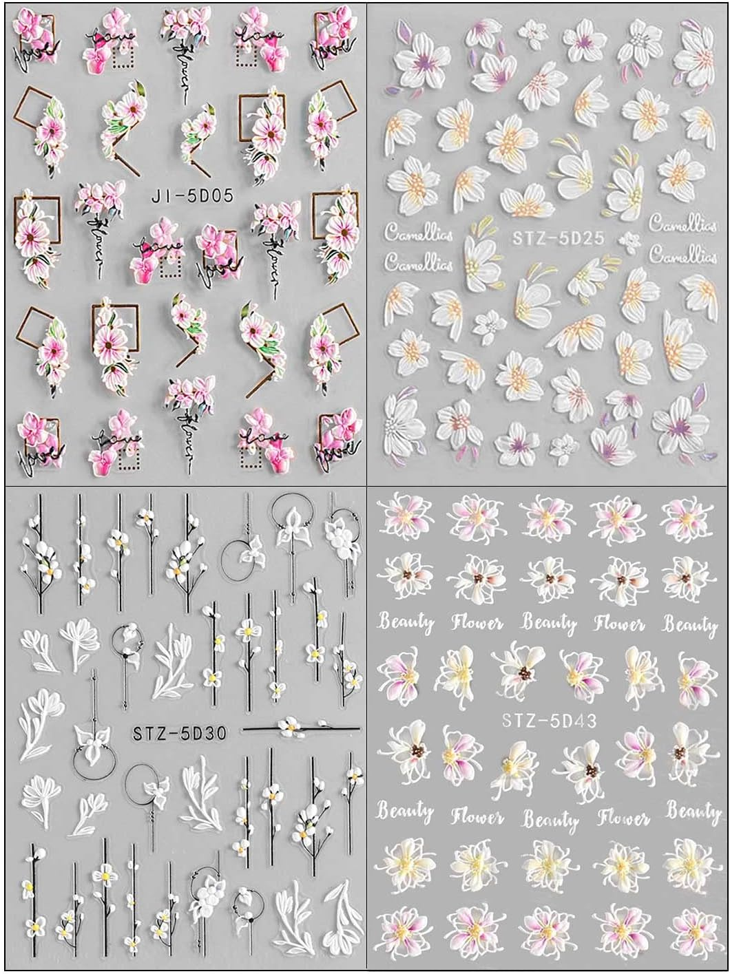 3D Embossed Flower Nail Art Stickers Decals Self-Adhesive Pegatinas U&ntilde;as 5D Floral Nail Supplies Nail Art Design Decoration Accessories 4 Sheets image number 4