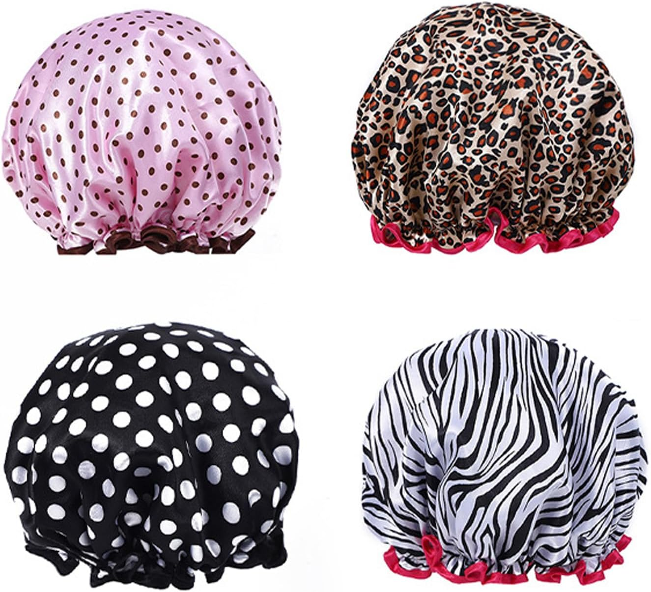 ADSEXY Double-Layer Shower Cap, Animal Print and Polka Dot Patterns, Waterproof, Set of 4 image number 3