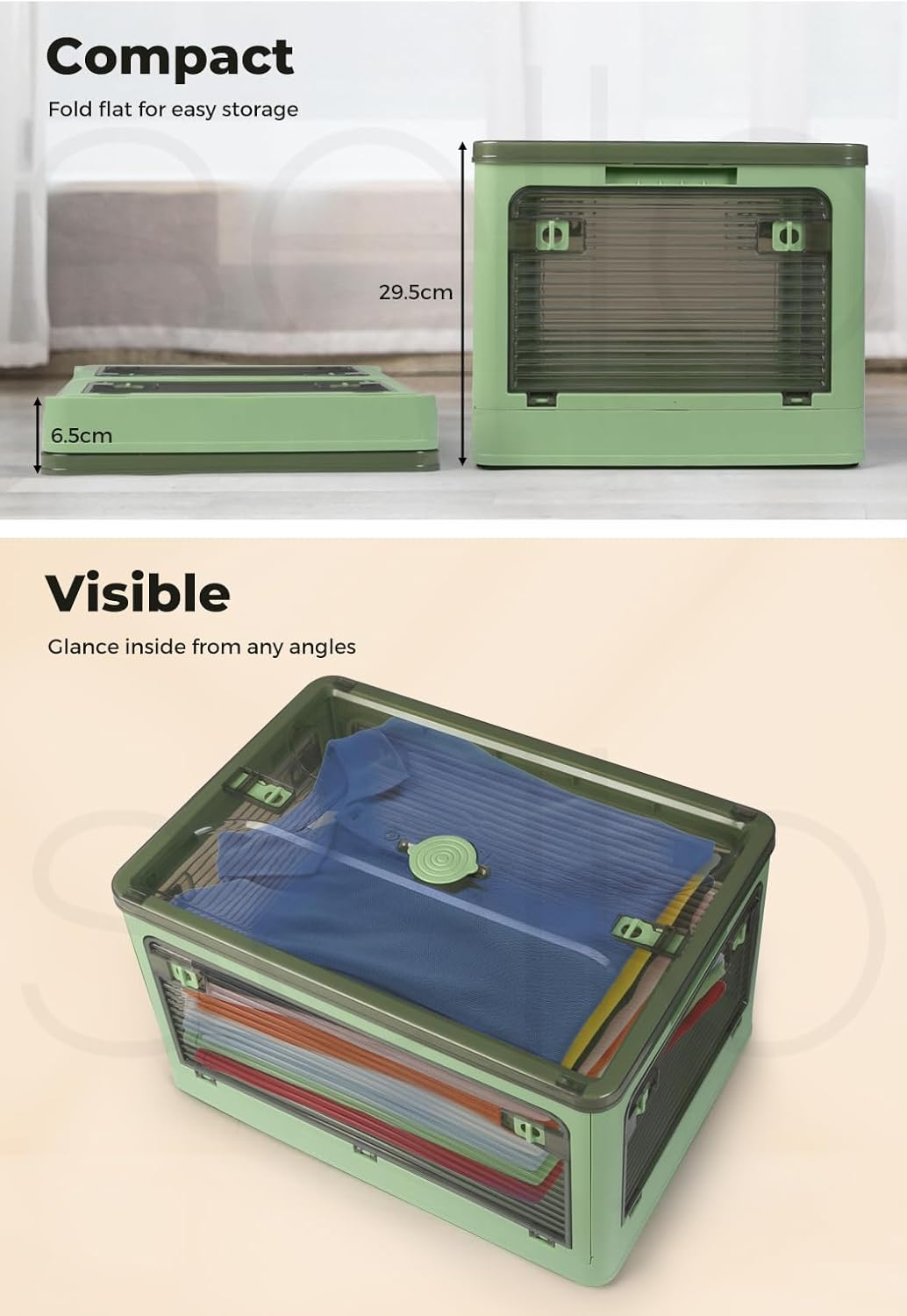 Stacked Storage Bins Stackable Plastic Container with Handle Lid Clothes Wardobe Organiser Toy Book Box Foldable 5 Side Open Wheel 55L Green image number 1
