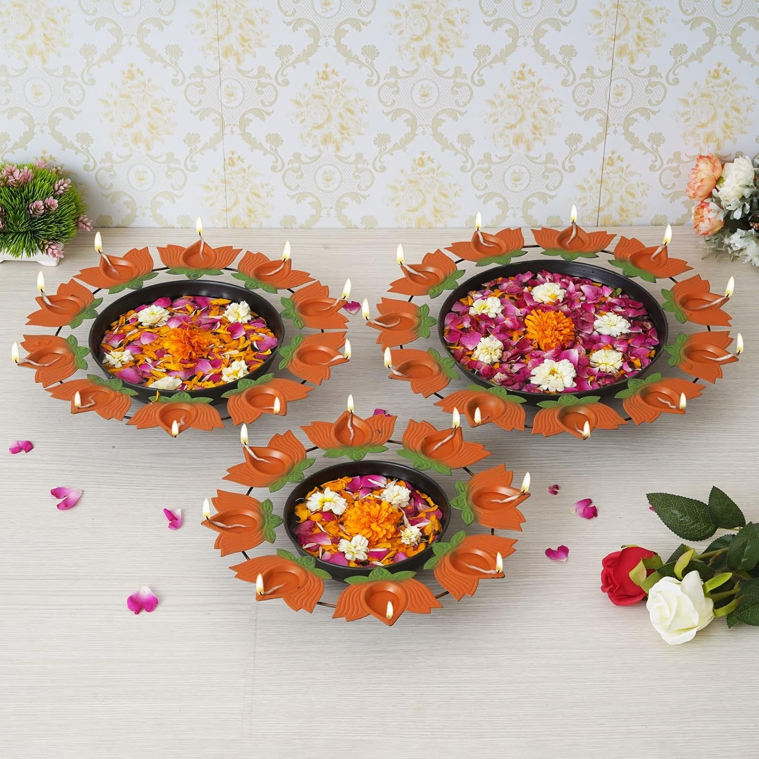 Webelkart Urli Bowl Set of 3 Lotus Diya Metal Urli Pot Potpourri Bowl for Home and Office Decor & Festival Gift,Water Floating Flowers and Tealight Candle Holder for Vastu, Pooja and Home Decoration image number 2