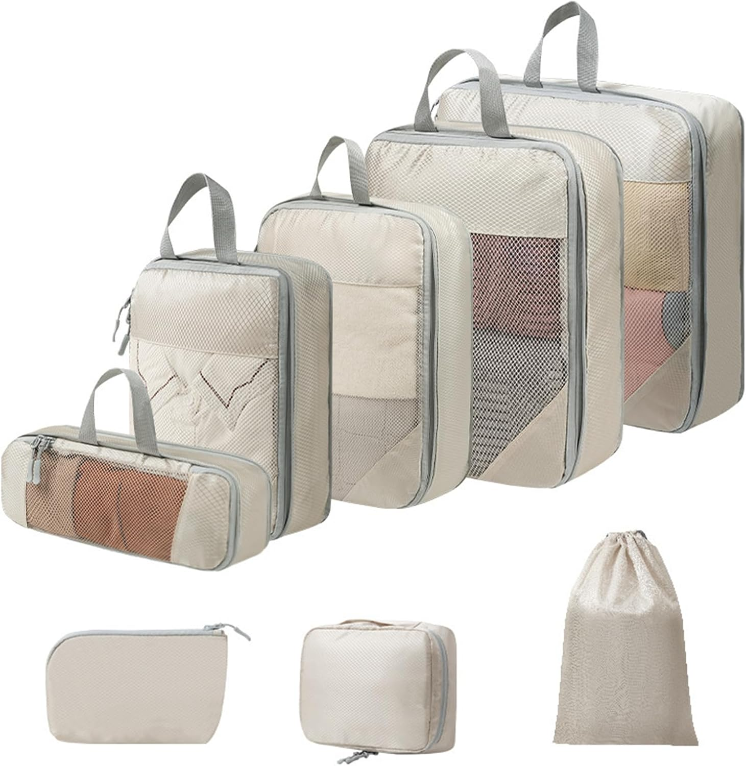 JOZUTTOW Nylon Compression Packing Cubes, Set of 8 Travel Organizer Bags with Recompression Design, Water-Repellent Fabric, Mesh Design, Zipper Closure, Beige