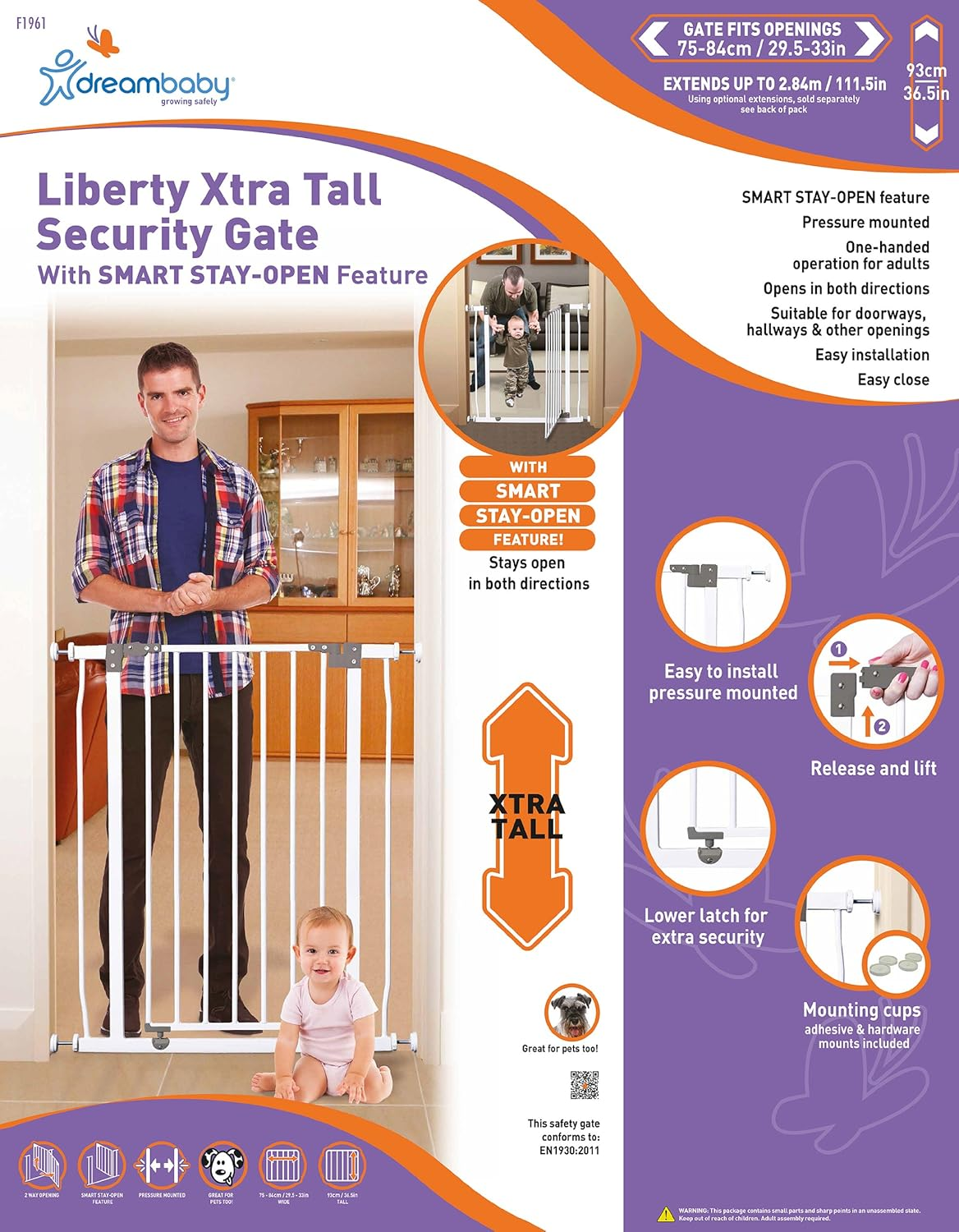 Dreambaby Liberty Xtra-Tall Security Gate with Smart Stay-Open Feature, White, image number 4