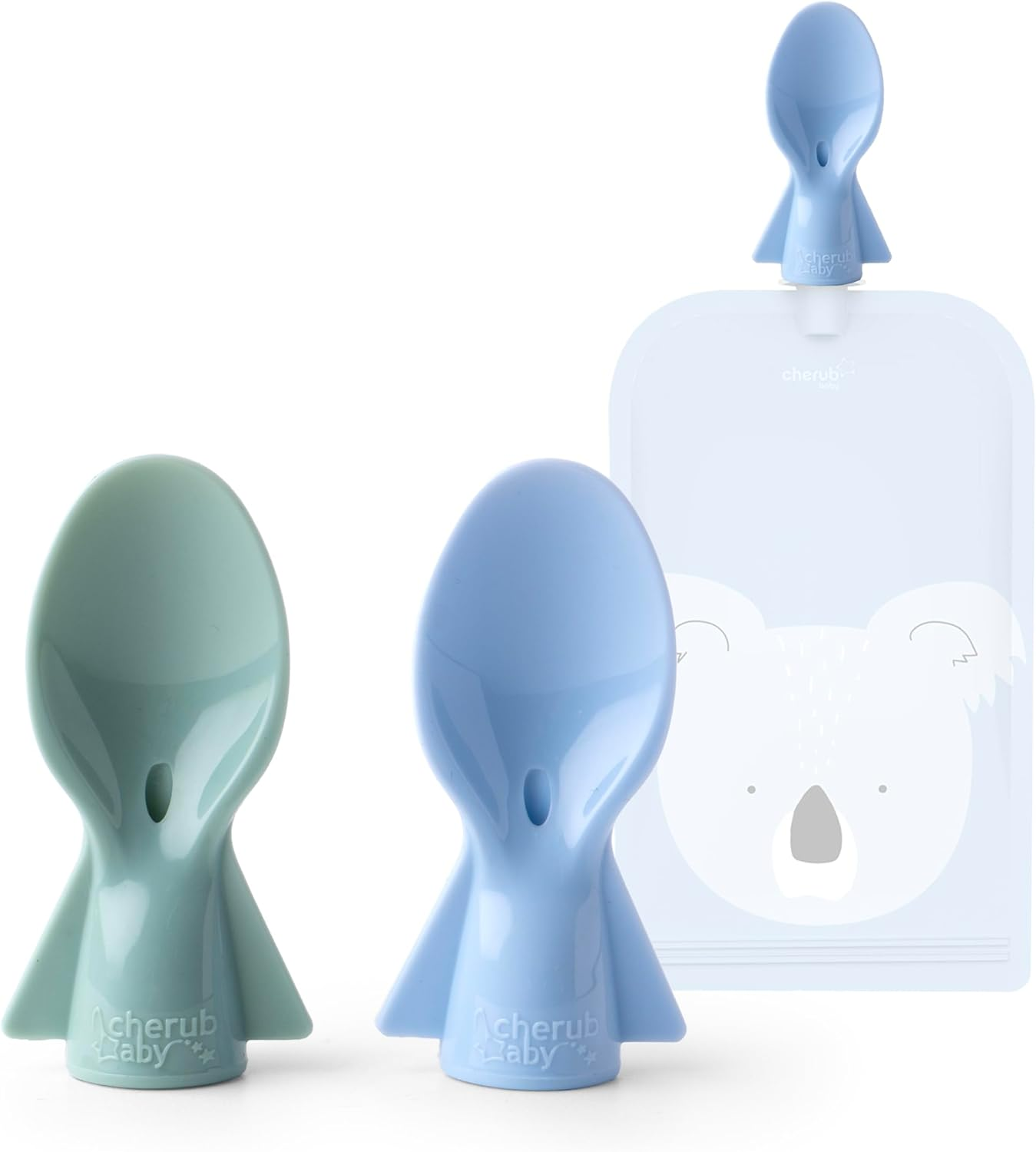 Cherub Baby Universal Reusable Non-Spill Baby Food Pouch Squeeze Spoon Topper Attachment 2 Pack with Travel Case - Cerulean/Sage