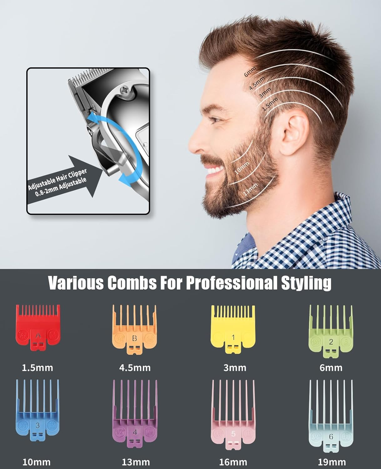Hair Trimmer for Men, Professional Hair Clippers with 8 Guide Combs, Cordless, Rechargeable, Silver image number 5