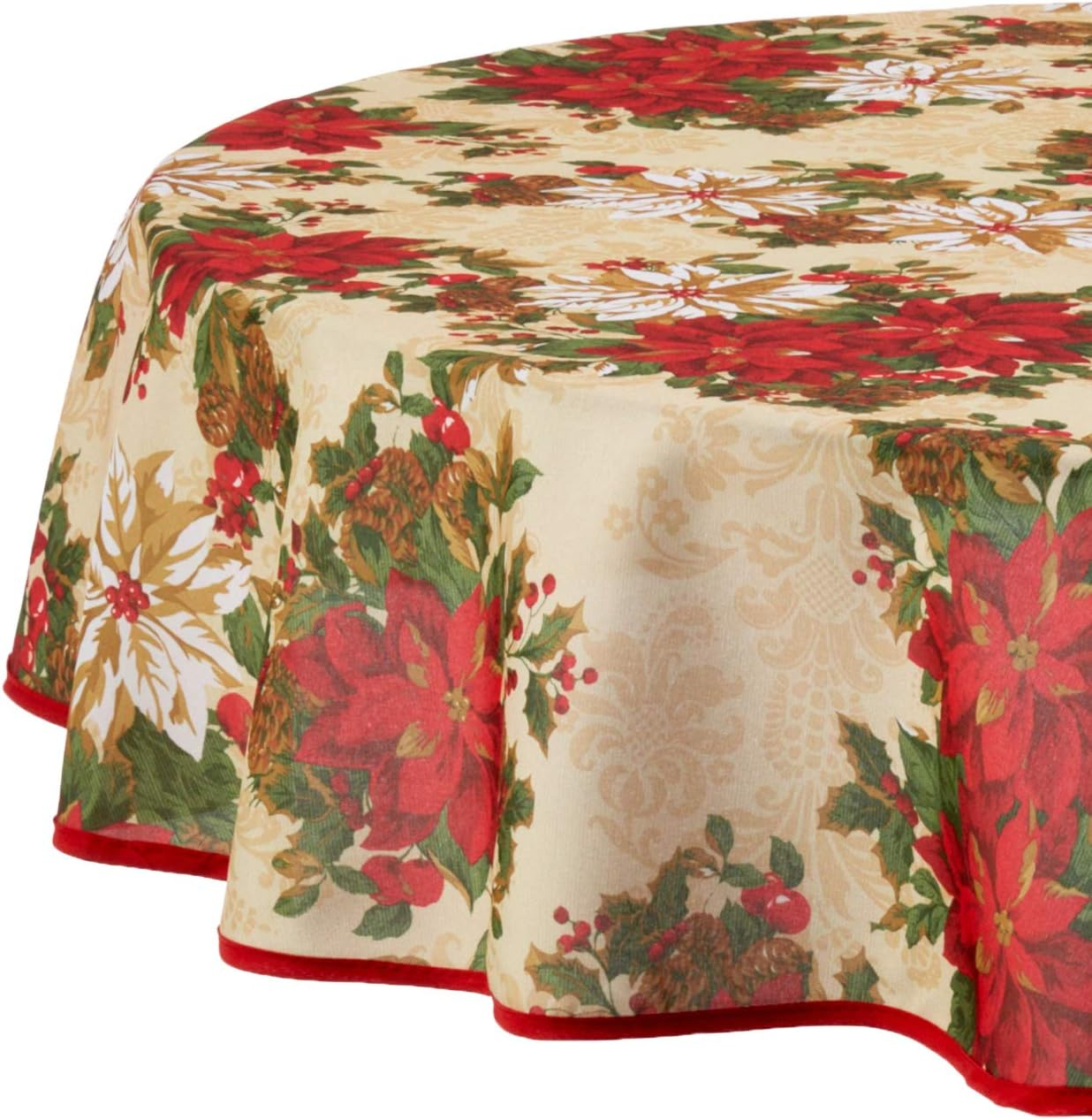 Violet Linen European Holiday Christmas Poinsettia Garden Design Printed Tablecloth - Beige - 60" by 102" Oblong/Rectangle