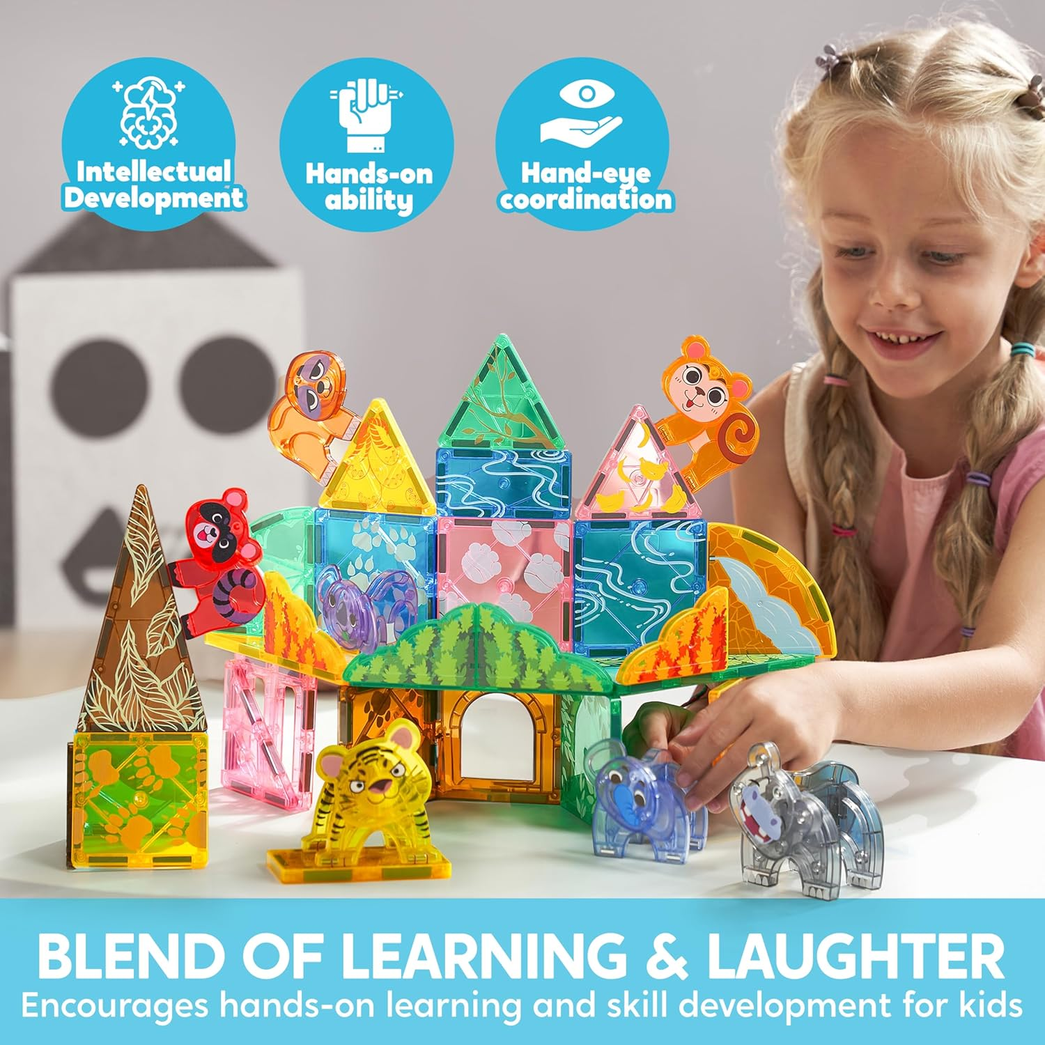 SYNCFUN Magnetic Building Tiles Jungle Animal Set for Kids, 50PCS Including 7 Cute Animals, Educational STEM Toy for Boys & Girls Ages 3-5 4-8, Christmas Birthday Party Toddlers image number 3