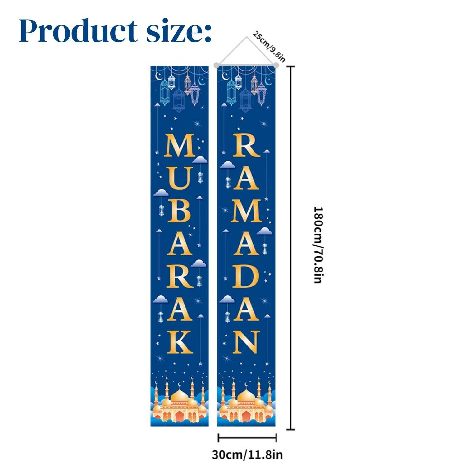 Blue Ramadan Mubarak Banner Eid Mubarak Door Sign Hanging Banners Decoration Set for Ramadan Themed Party Indoor and Outdoor Party Supplies Decorations(70.8X 43.3In） image number 3