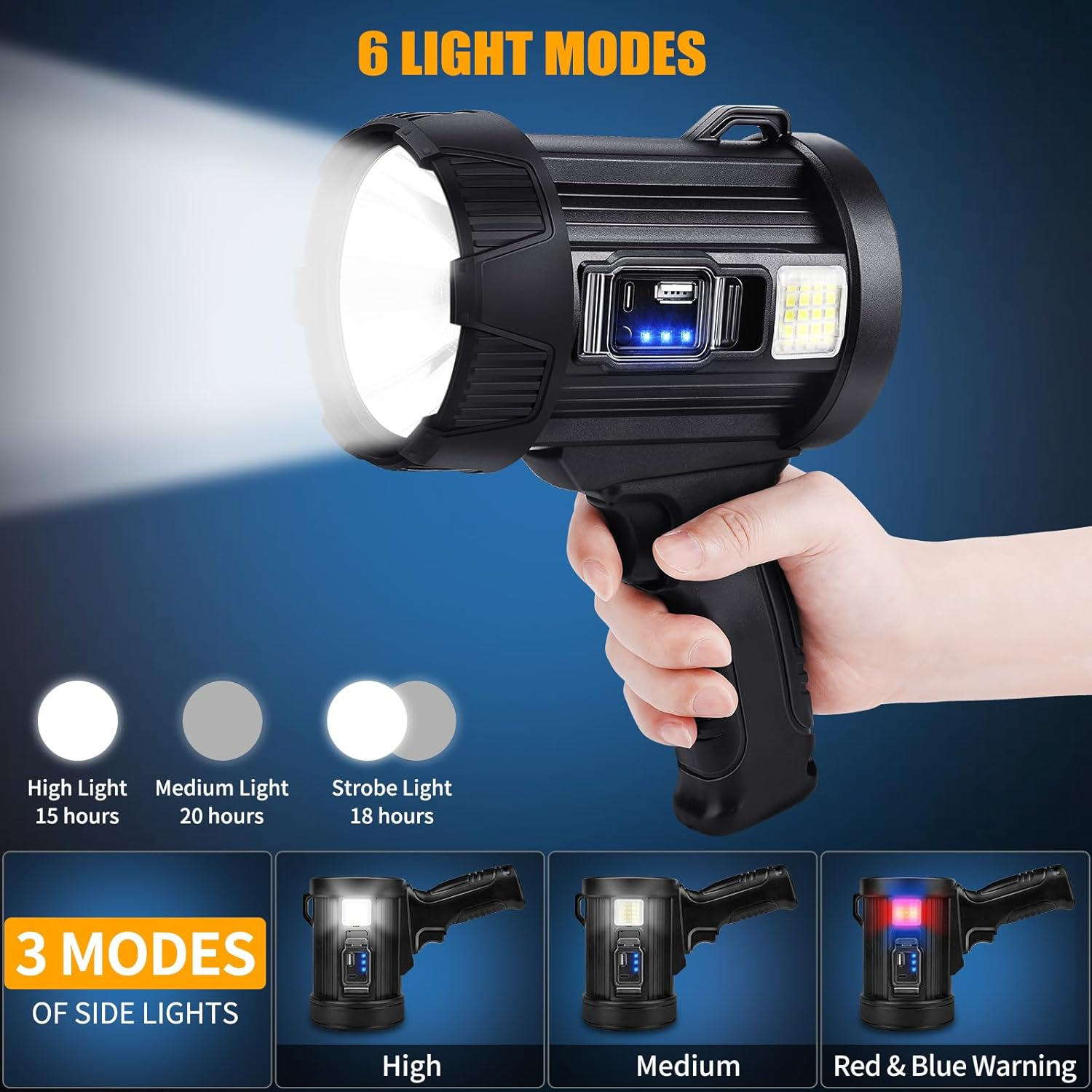 Rechargeable Spotlight, 3000 Lumens Bright LED Spotlight Flashlight, Long Running Spot Light Searchlight, Outdoor Handheld Spotlights with Solar Panels for Hunting,Camping,Boat,6 Spotlight Modes image number 6