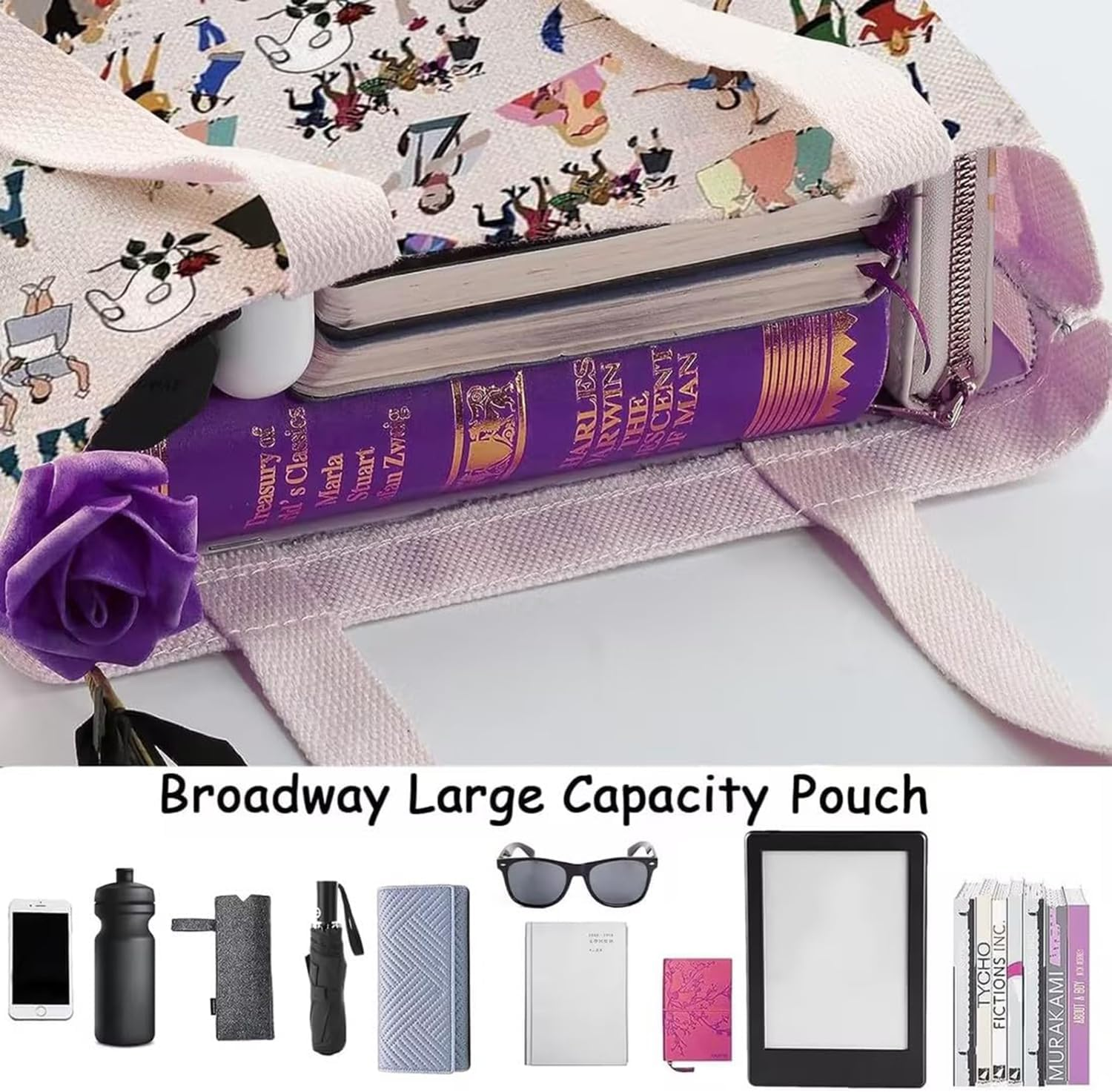 Broadway Character Musical Tote Bag Theatre Cosmetic Bag Theatre Fans Gift I'M Not Dramatic I'M Theatrical Musical Makeup Pouch Broadway Musical Theatre Gift Tote, Beige, Fashion image number 3