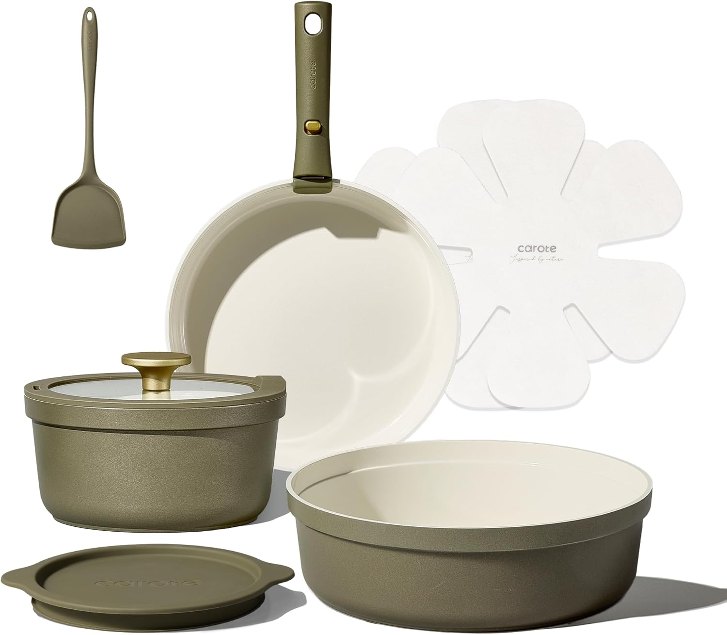 Carote 9Pcs Ceramic Cookware Set with Detachable Handles, Pots and Pans Set Non Stick, RV Kitchen Cooking Pot and Pan, Dishwasher Safe, Non-Toxic Induction Cookware PFAS and PFOA Free, Green image number 2