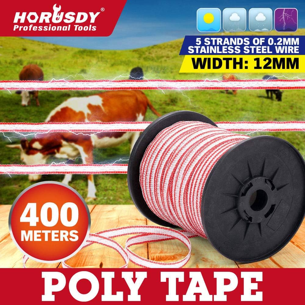 HORUSDY 400M X 12Mm Electric Fence Tape, Uv-Stabilized Poly Tape, 5 Stainless Steel Strands, High Visibility, Heavy Duty Fencing for Livestock and Portable Fence System image number 1