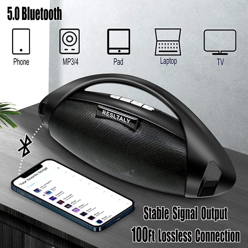 RESLTALY Bluetooth Speaker with FM Radio, 10W High Power Output, 5.0 Bluetooth, 2800Mah Battery, 16-Hour Playtime, Quick Charge, Enhanced Bass, Indoor Outdoor Use (Black) image number 5