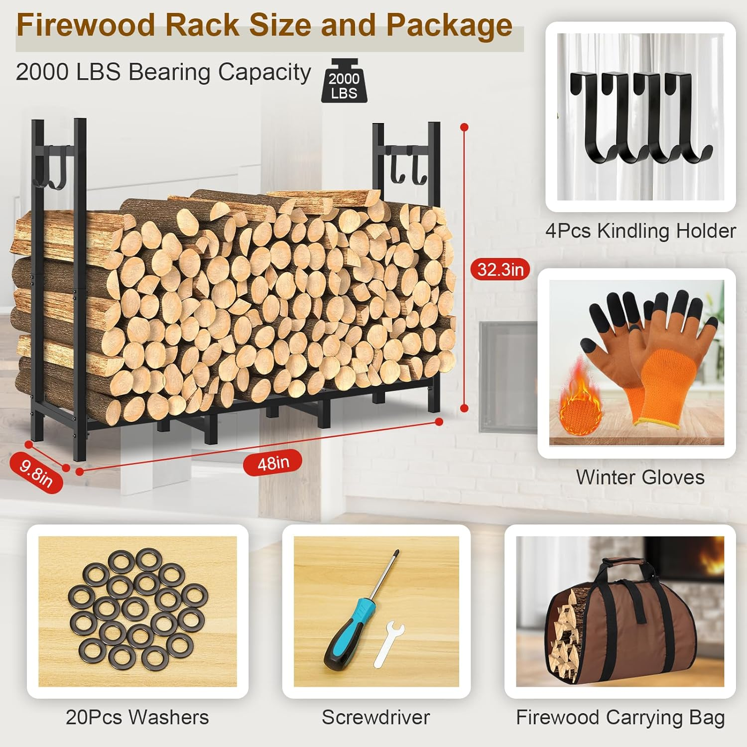 4FT Outdoor Firewood Rack, Wood Storage with 600D Waterproof Oxford Cover Heavy Duty 8 Legs Firewood Log Holder Indoor with Log Carrier, Gloves, and Kindling Hooks for Fireplace Patio Deck Wood Rack image number 4
