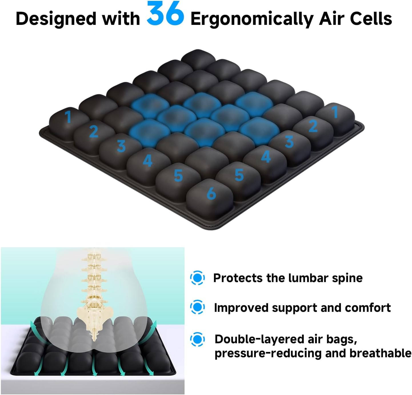 Sluxjet Travel Cushion, 3D 36 Air Cells Plane Cushion, Manual Press Inflatable Seat Cushion for Airplane, Office Chair, Travel Car Seat, Wheelchair Accessories, Black image number 2