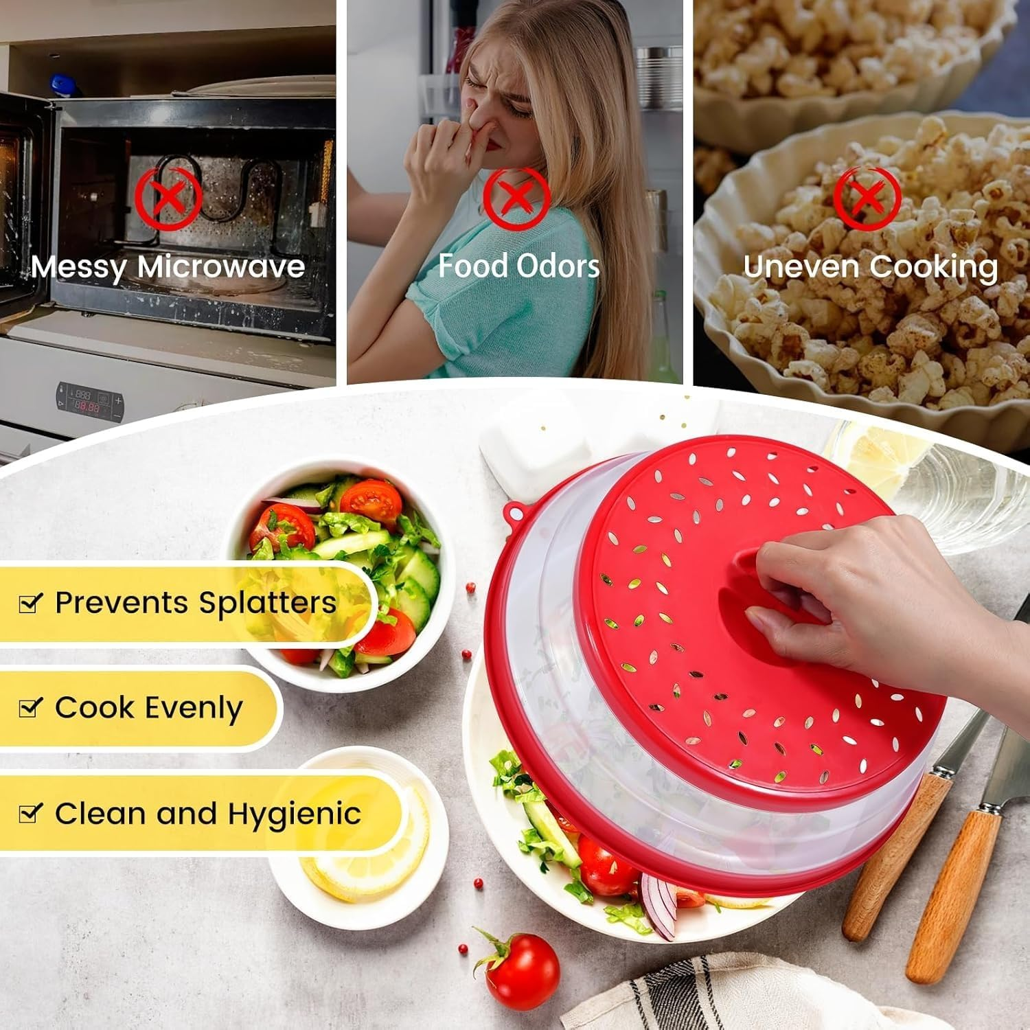 2-In-1 Microwave Splash Cover, Ventilated Folding Food Microwave Cover,Kitchen Filter Pot, Suitable for Dining in the Kitchen and Outdoors (Red) image number 1