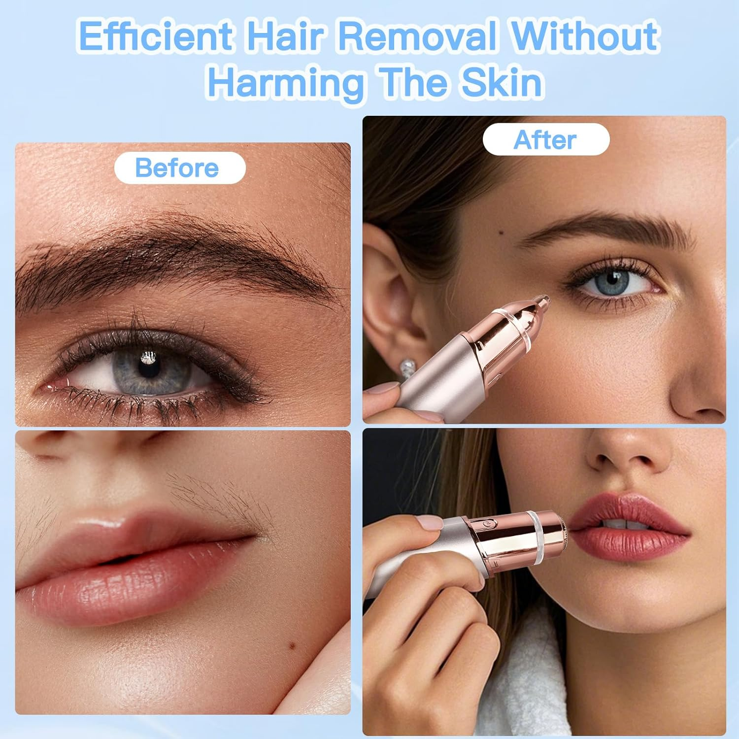 EDIMENS 2-In-1 Rechargeable Eyebrow Trimmer & Facial Hair Remover for Women - Painless Flawless Hair Removal with LED Light for Eyebrows, Lips, Nose & Body (Champagne) image number 3