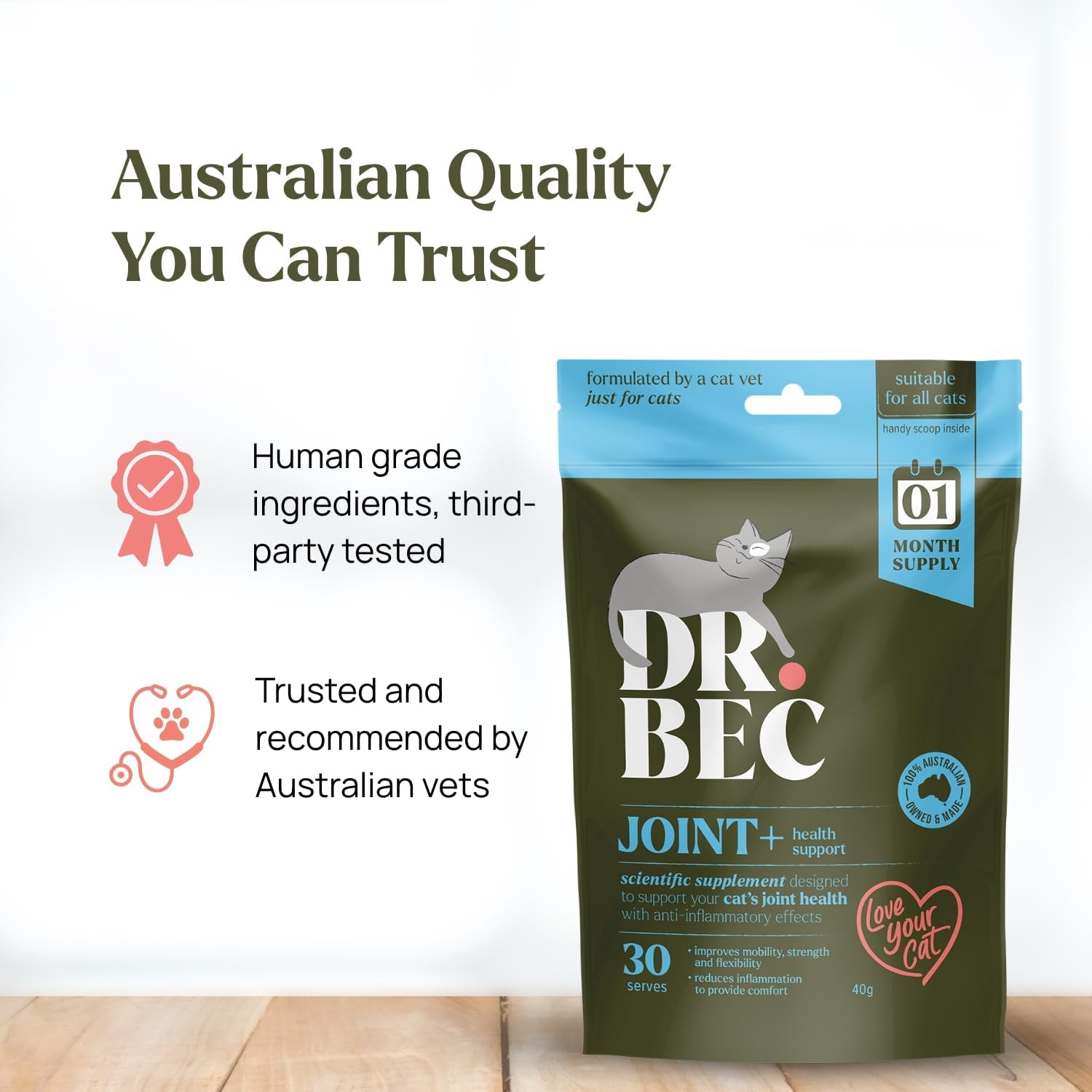 Dr. Bec Joint+ Cat Joint Supplement for Mobility & Comfort, Vet-Made Green Lipped Mussel Omega-3 & Collagen Blend, Australian Made image number 3