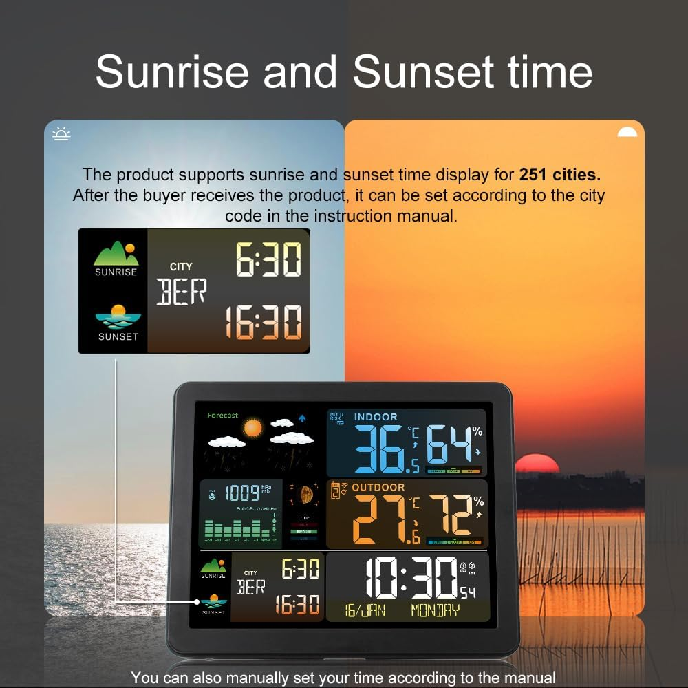 FJ3566M Smart Weather Station with Clock Indoor and Outdoor Temperature & Humidity Meter Multifunctional Large Color Screen Weather Clock Temperature & Humidity Gauge with 1 Sensor(Support up T image number 1