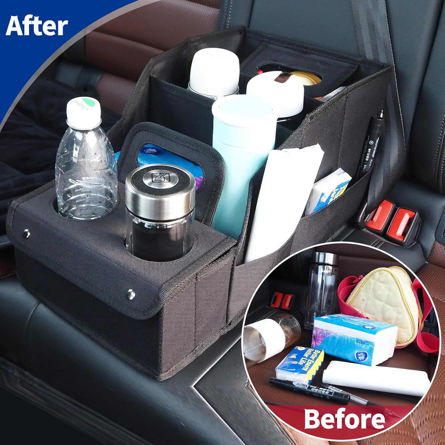 Car Seat Organizer, Large Capacity Car Backseat Organizer with Cup Holder, Collapsible Automotive Storage Box with 11 Compartments Organizers, Front/Rear Seat Organizers Travel Accessories (Black) image number 5