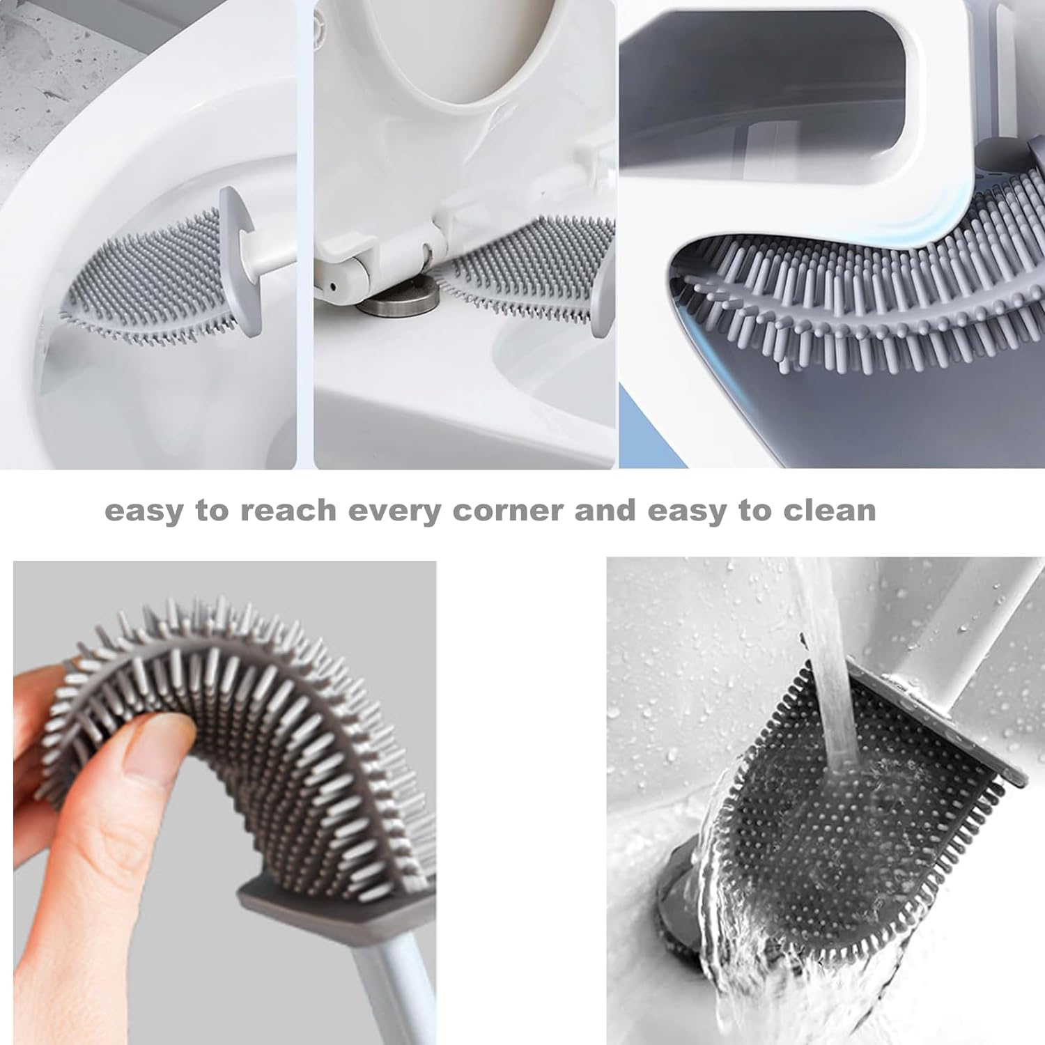 Silicone Toilet Brush-Soft Flat Toilet Brush with Holders,Toilet Brush and Holder Set, Silicone Toilet Brush with TPR Bristles, Wall Mounted and Standing (2 White) - 3Black image number 2