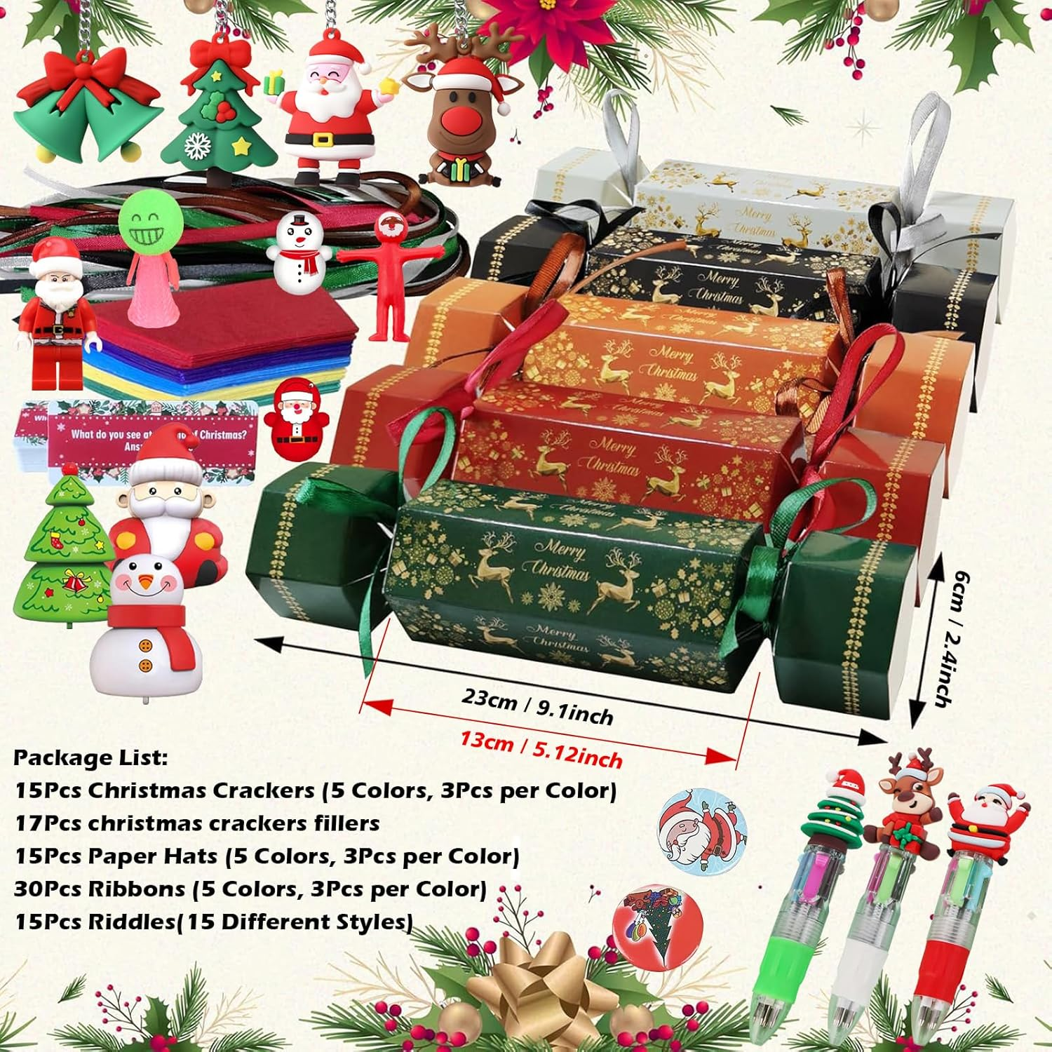 15 Packs Christmas Crackers, Make Your Own Christmas Crackers Kit, DIY Christmas Crackers Bulk, Christmas Party Cracker Candy Paper Boxes Novelty Decorations with Hats Riddle Cards Prize, No Snap image number 3