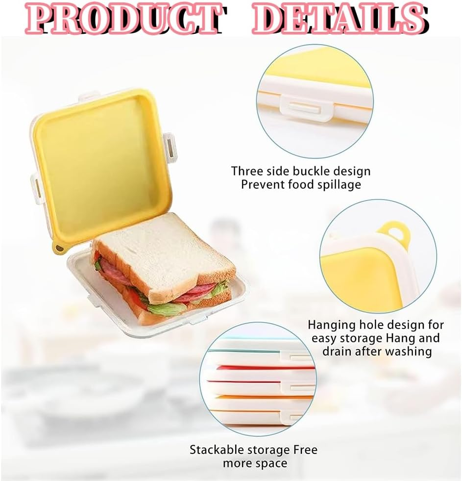 Silicone Sandwich Storage Box, 1Pc Silicone Sandwich Storage Box, Silicone Sandwich Container for Lunch Box, Sandwich Toast Case, Portable Bread Box Sandwich Container (Pink) image number 6