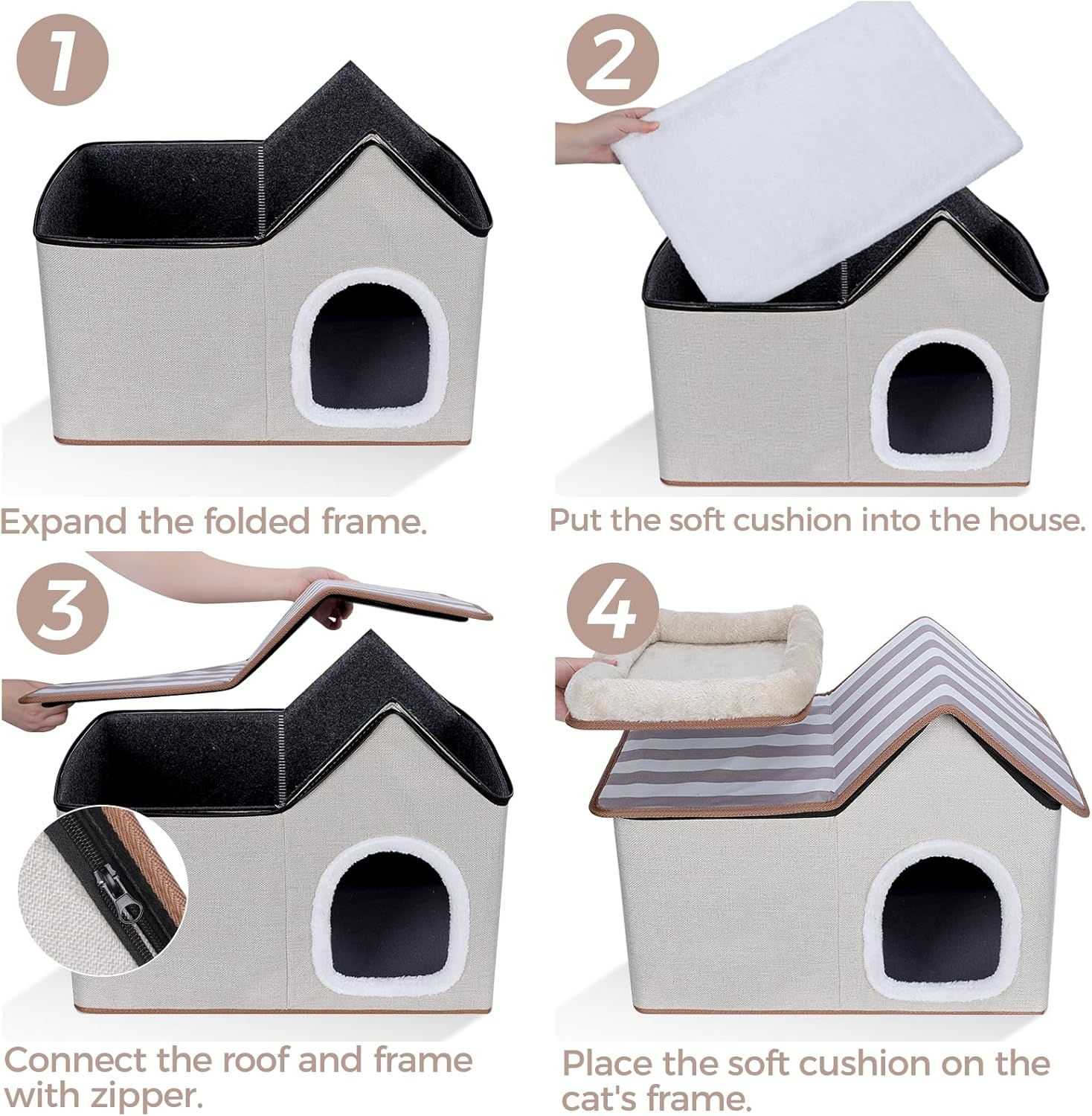 Cat House, Cat Nest with Soft Plush Mat, Removable Cushion, Roof and Windows, Indoor/Outdoor Cat House for Small Medium Cats, Gray image number 5