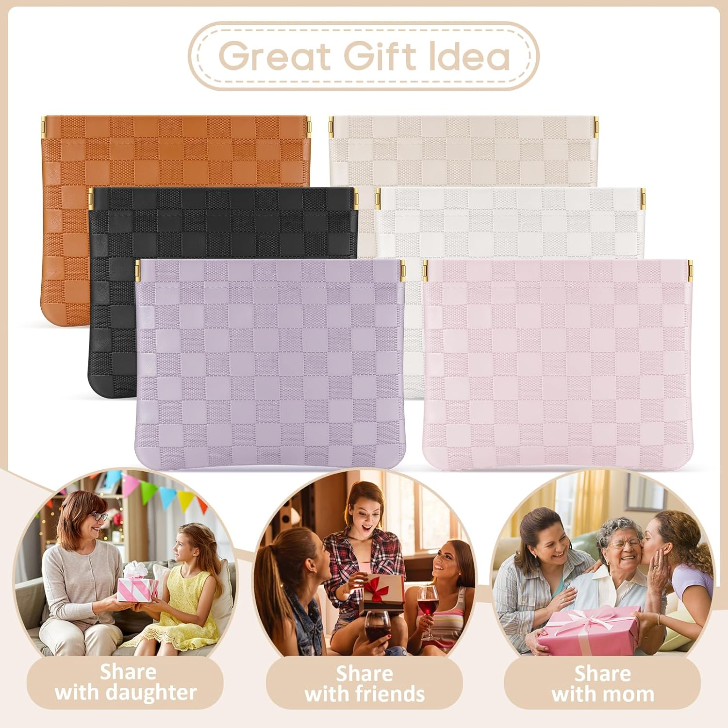 Sightor 2PCS Pocket Cosmetic Bag for Purse, Checkered Makeup Bag Portable Leather Cosmetic Bag for Women, Coin Purse Lipstick Cosmetic Accessories Organizer Travel Cosmetic Pouch, Black, Beige, L, - Black, White image number 2