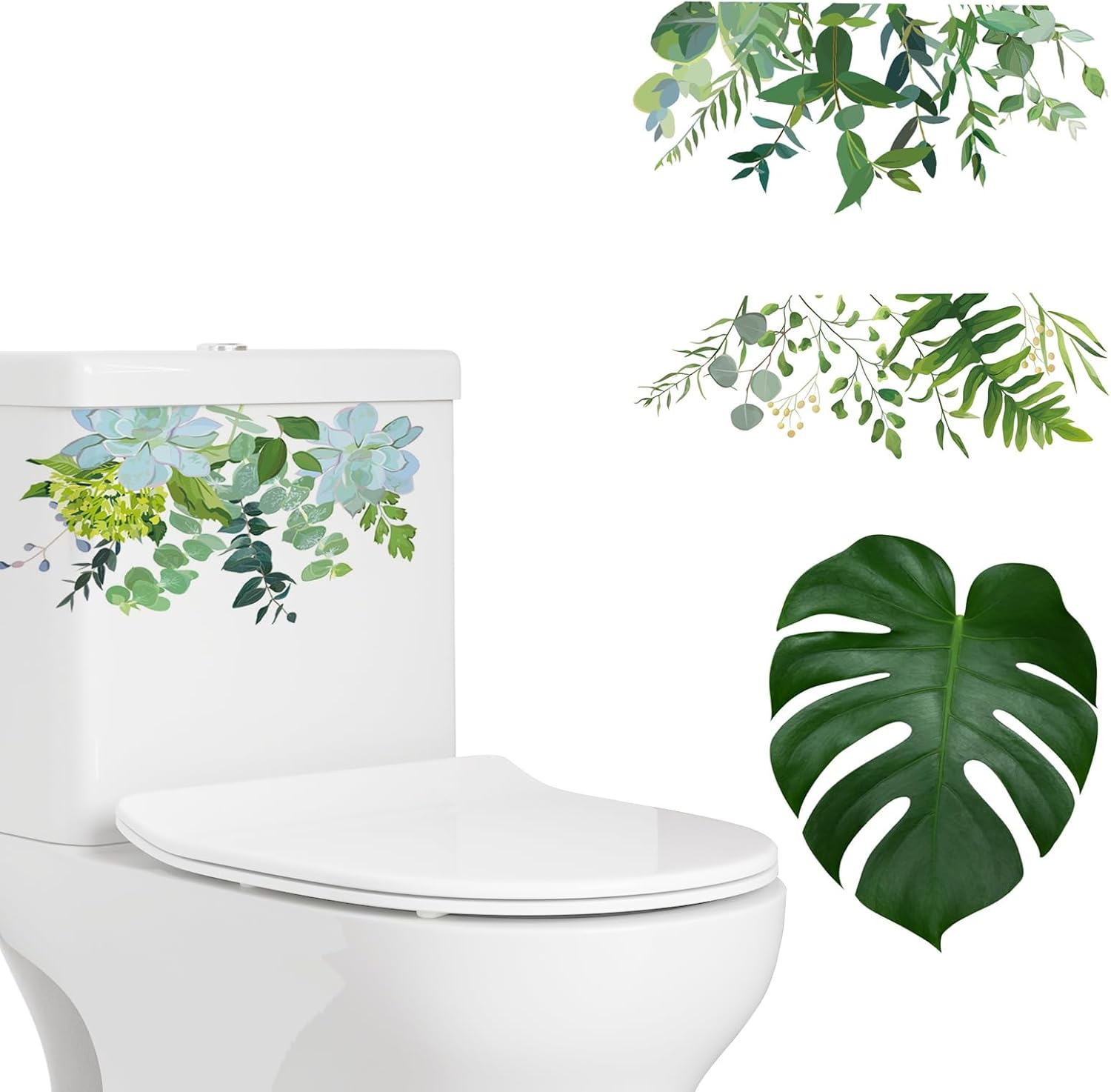 Green Plants Toilet Seat Sticker and Decals - Cistern Wall Sticker, Lid Decals, Bolt Covers for Bathroom Cabinet Decoration (4, Multi) image number 1
