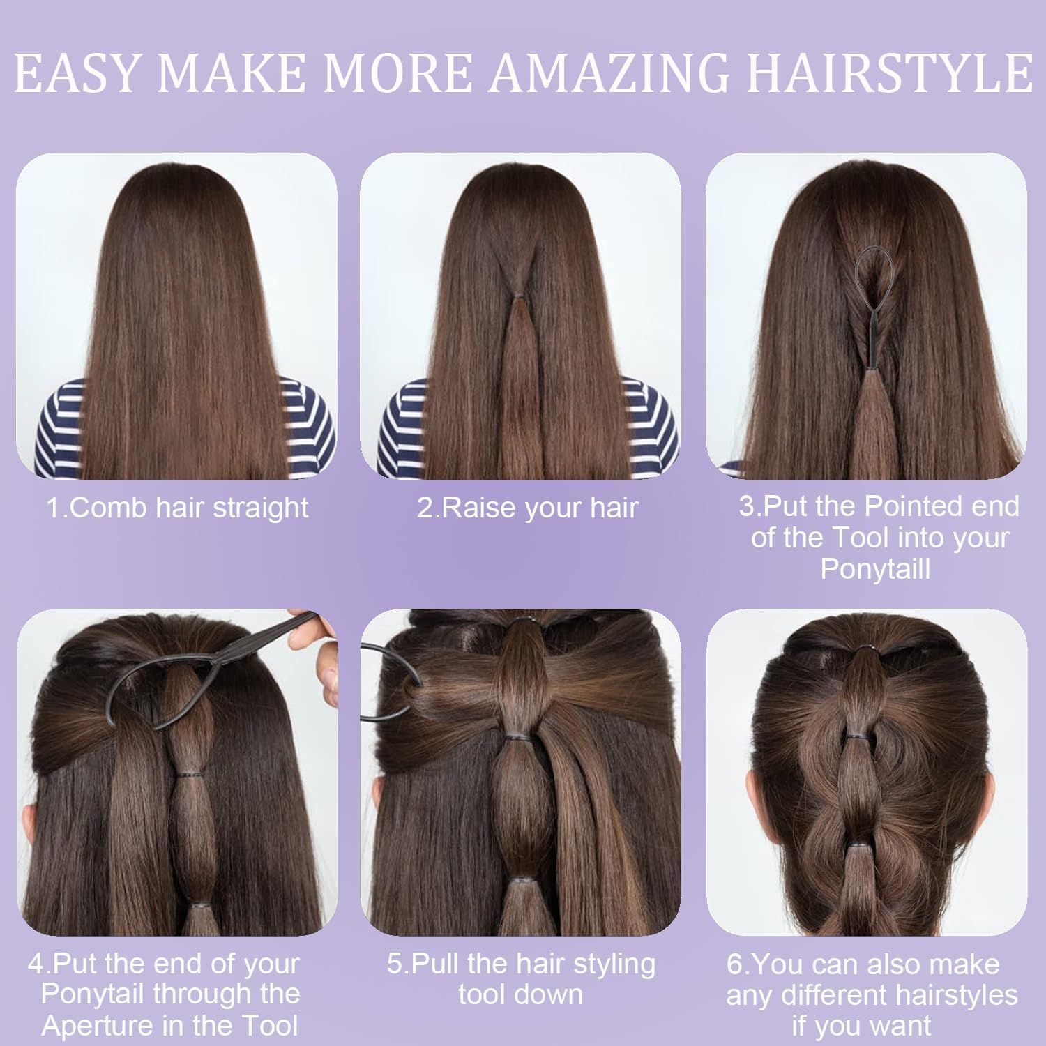 3Pcs Topsy Tail Hair Tool, Hair Braiding Tool French Braid Loop Tool, Rat Tail Comb Fast Hair Styling Accessories (Black) image number 6