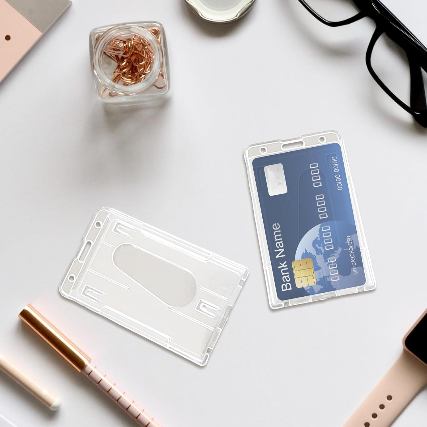 4 Pack Hard Plastic Badge Holder, Clear ID Badge Name Card Holder with Easy Access Thumb Slot, Holding 2 Cards, Vertical Style image number 3