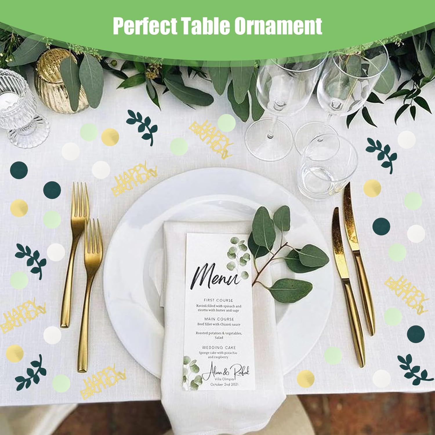 200 Pieces Confetti Green Gold, Happy Birthday Table Decoration, Party Table Confetti, Confetti Decorations for Party, Birthday, Wedding, Children'S Room, Table Top, Paper Scraps image number 6