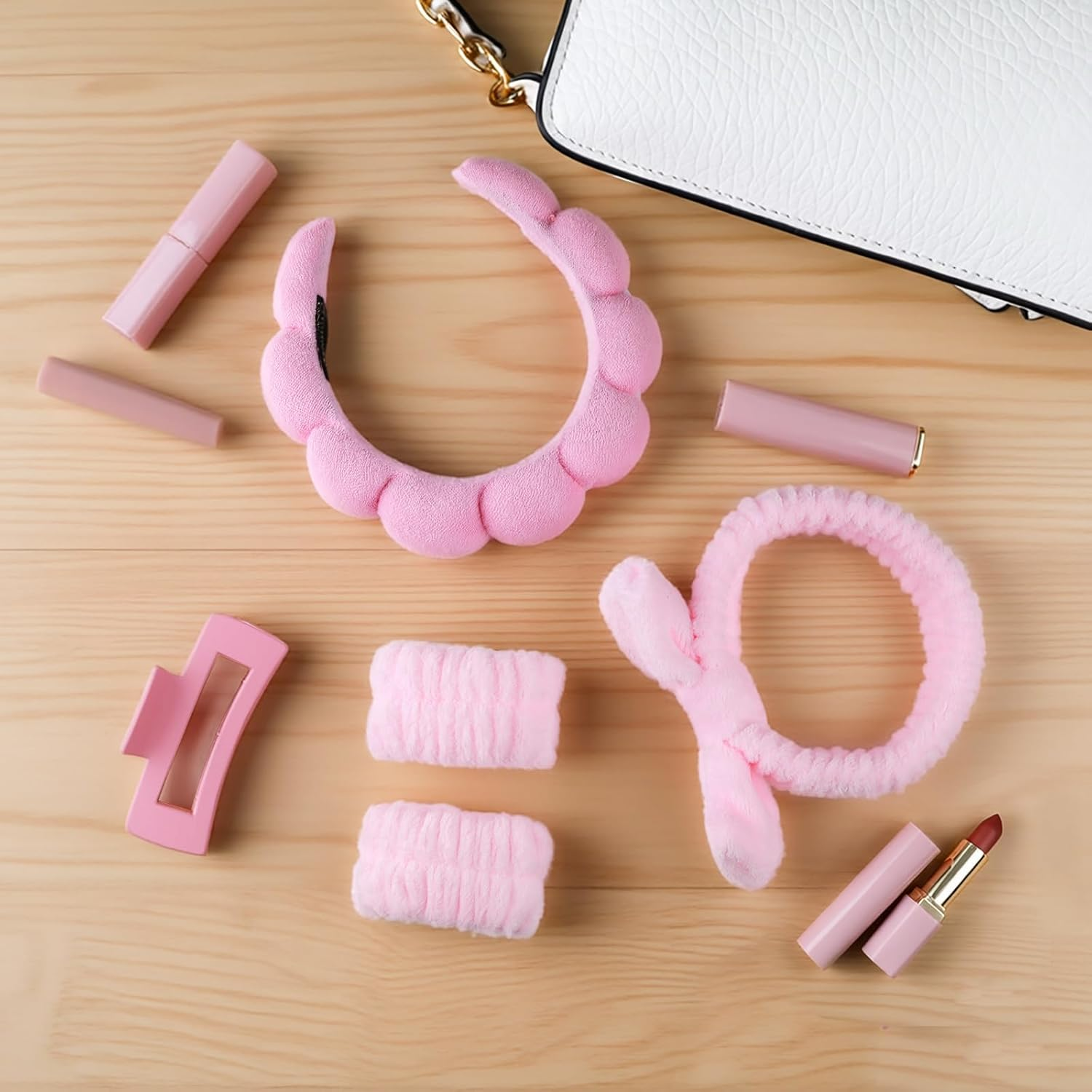 5-Piece Spa Facial & Hair Care Set &ndash; Pink Hair Clips, Terry Cloth Headband, Wristband, Elastic Band & Plush Sponge Makeup Headband image number 4