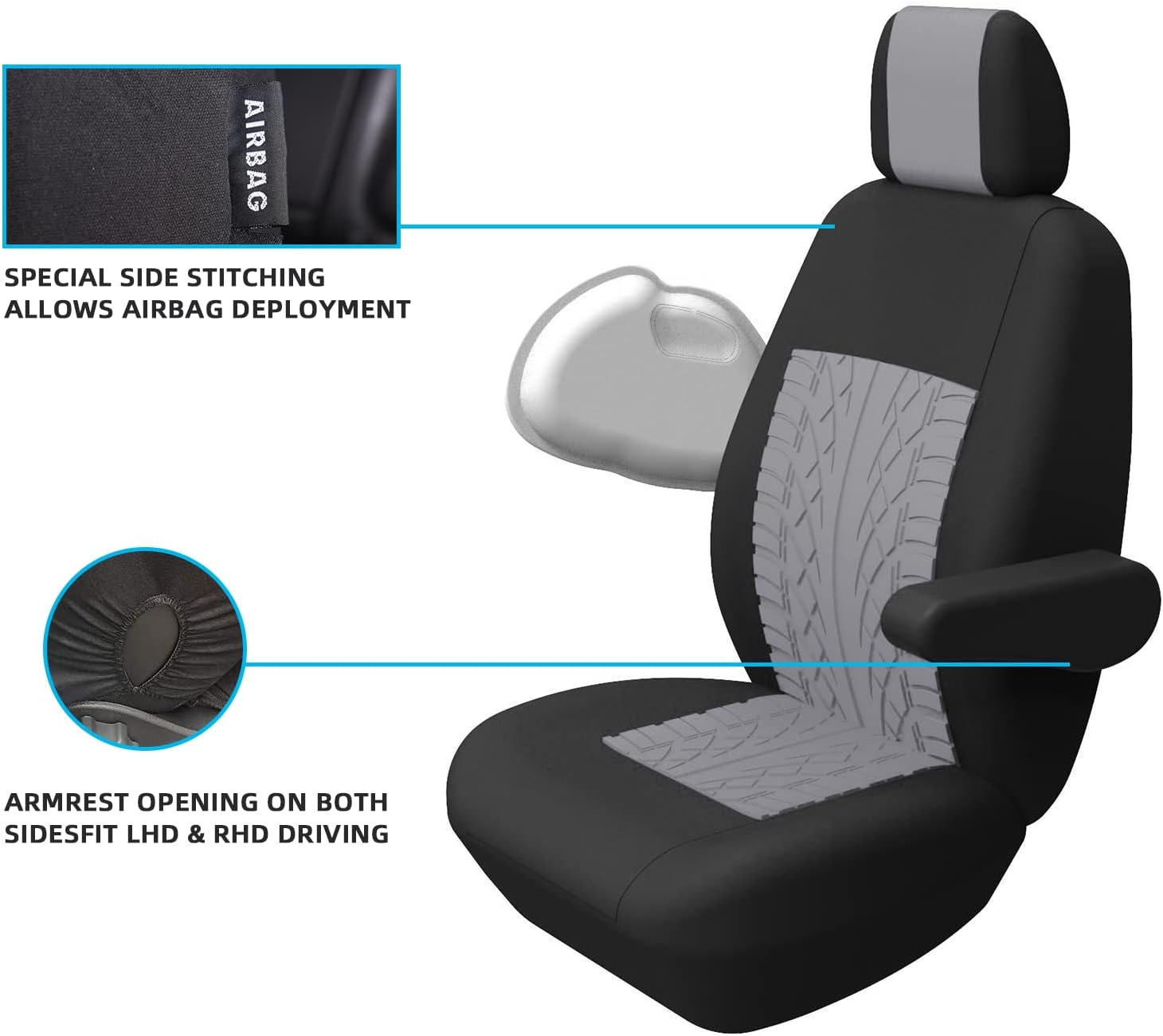 TOYOUN Van Seat Covers Universal Fit Most Vans Trucks Lorry Front Seat Covers Single & Double Car Seat Covers for Single Driver and Double Passenger Seat 2+1 Seat Covers, Gray image number 5